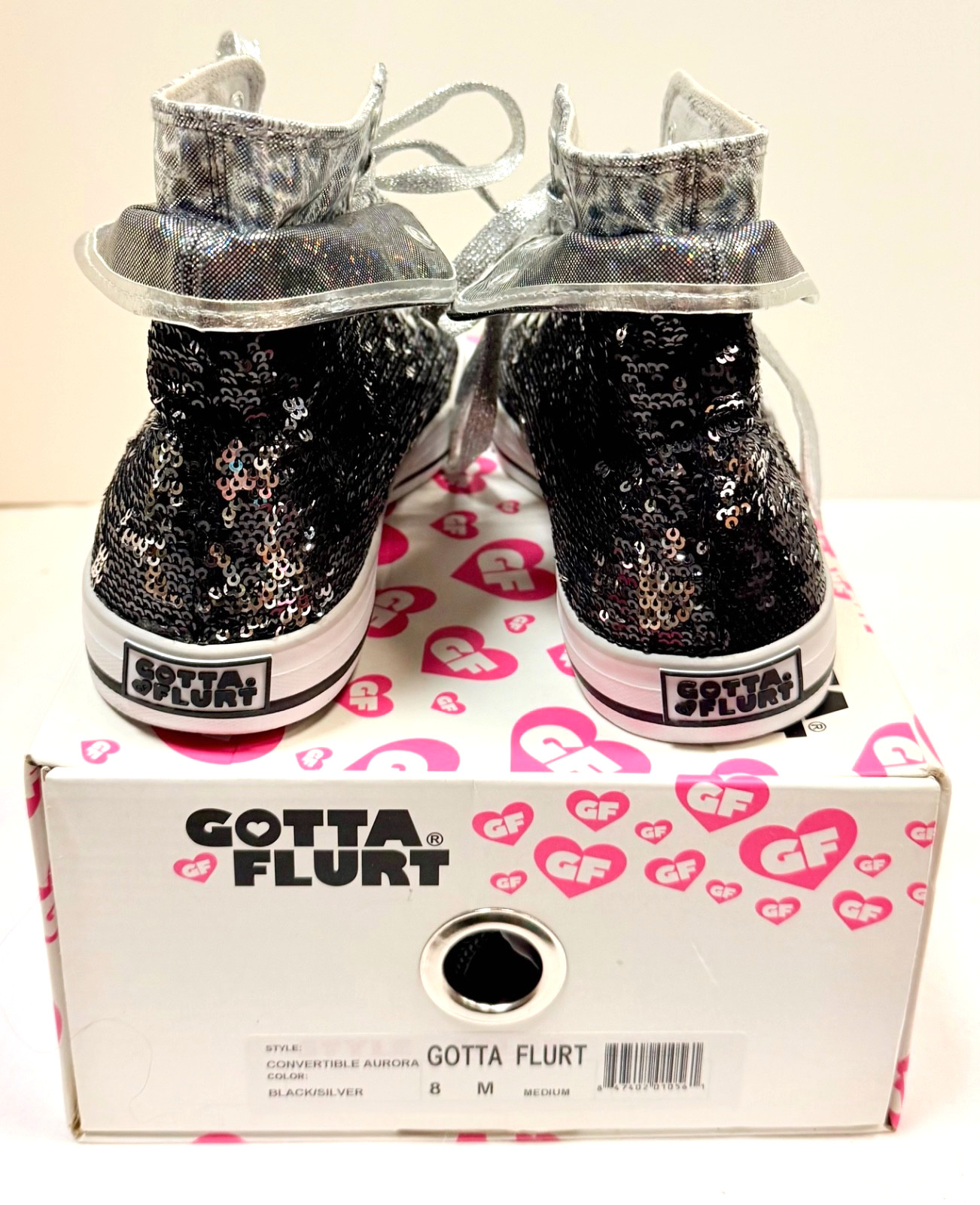 Gotta® Flurt Women’s size 8 Black/Silver Sequin Hi-Top Convertible Sneakers NIB