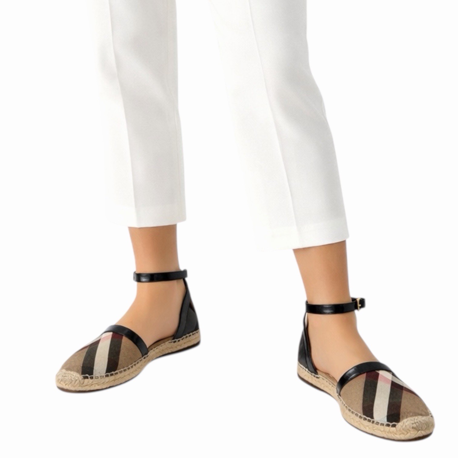 Burberry Abbington Nova Check Ankle Strap Espadrille Flats Black Women Size 41