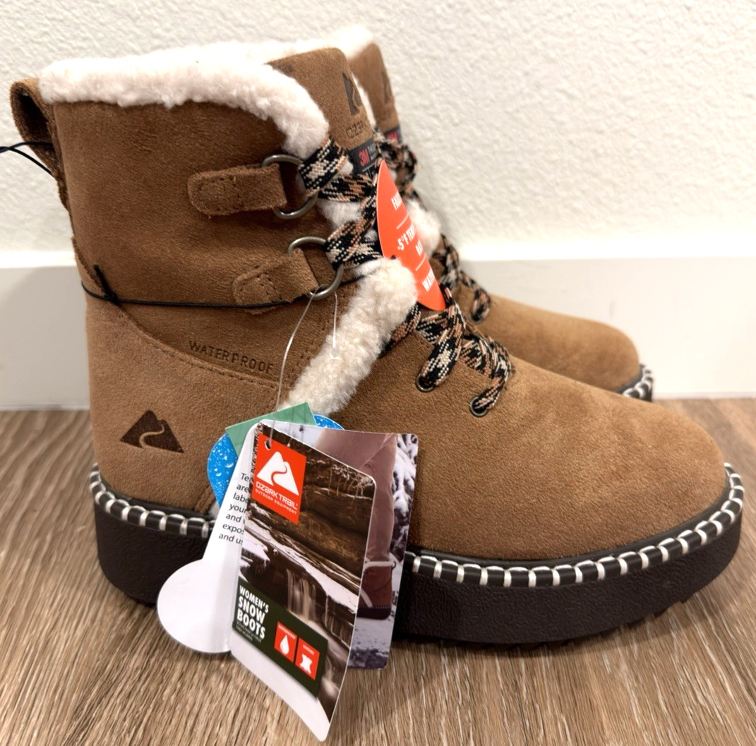 OZARK TRAIL WOMEN SNOW BOOTS NWT 3M THINSULATE WATERFROOF LEATHER CHESTNUT SZ 6