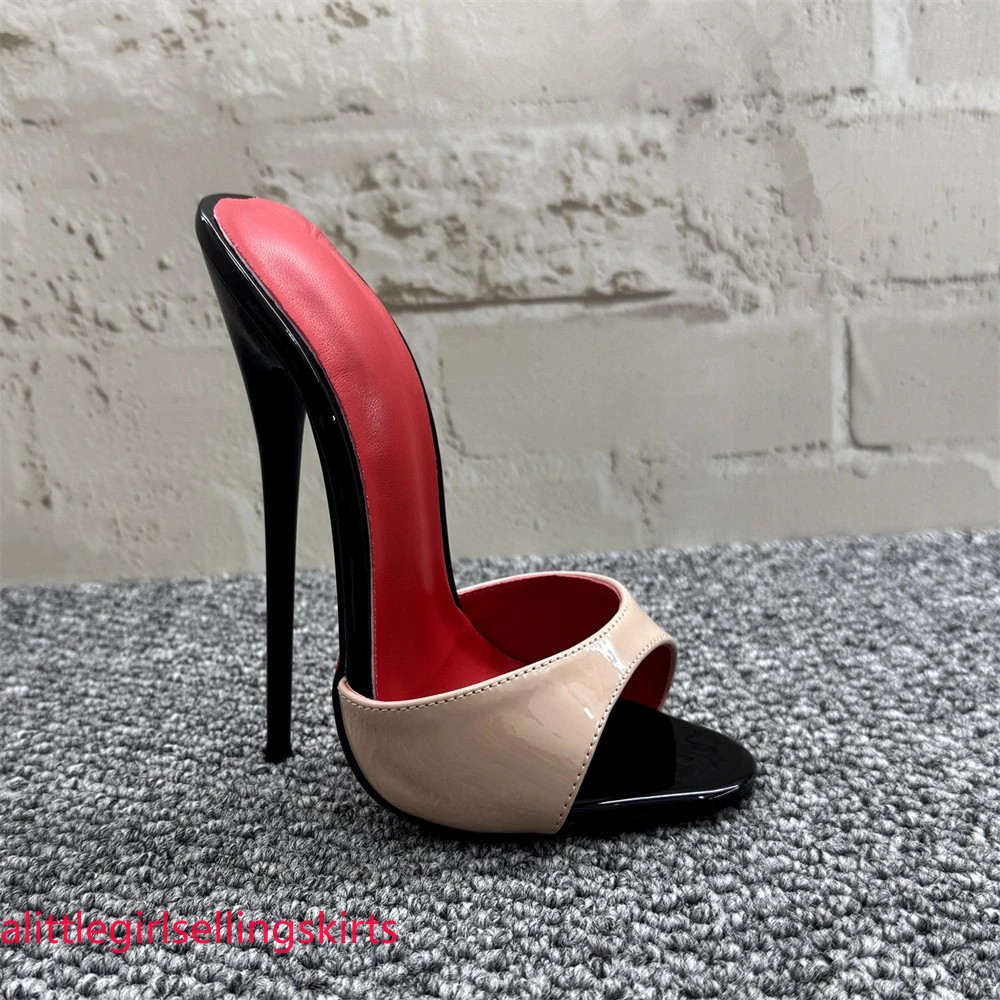 Women 16cm Mules Sexy Stilettos Slippers Patent Leather Summer High Heels Pumps