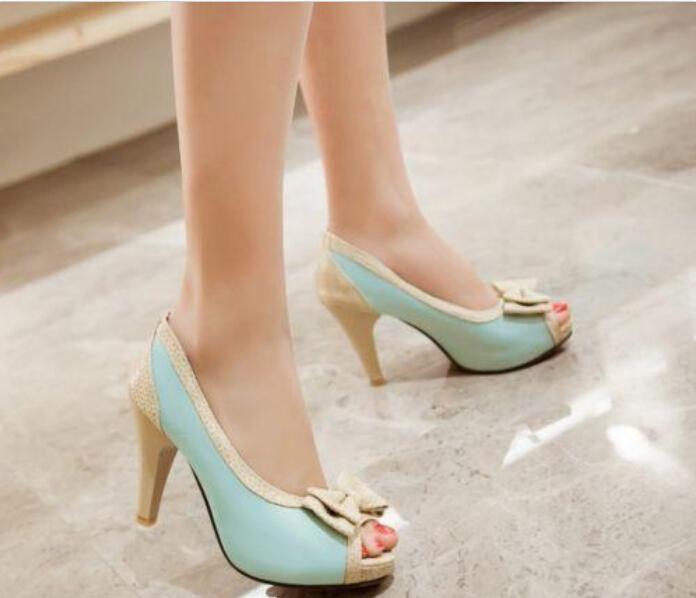 Peep Toe Ladies Bowtie Pump Shoes Kitten Heel Color Block Court Shoes Sandals