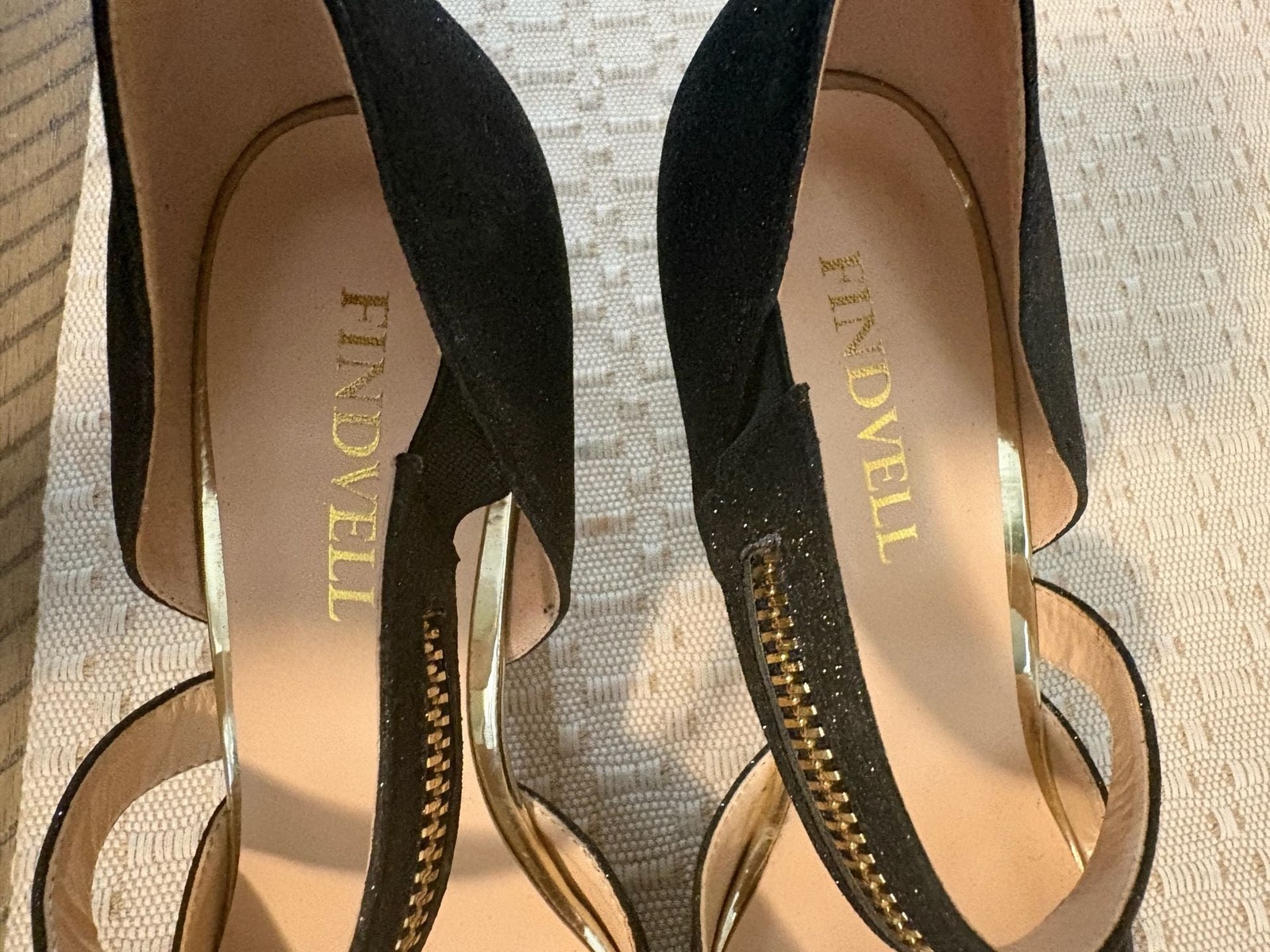 FINDVELL Black Shimmer Pumps with Decorative Zipper Strap Gold Accent Heels