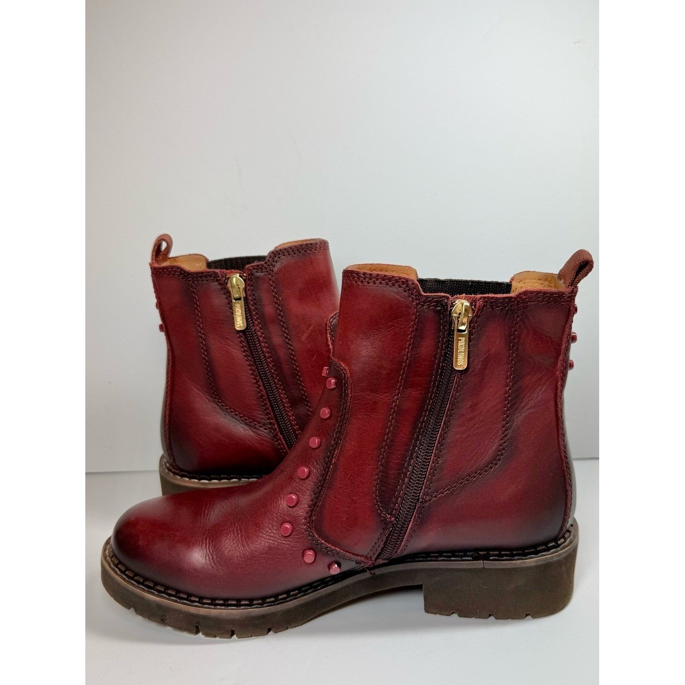 Pikolinos Women’s Burgundy Leather Chelsea Boots Stud Detail Size EU 36 US 5-6