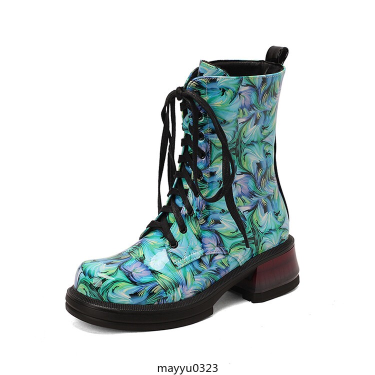 Women’s Mid Cuban Heel Ankle Boots Knight Printed Casual Lace Up Winter Shoes