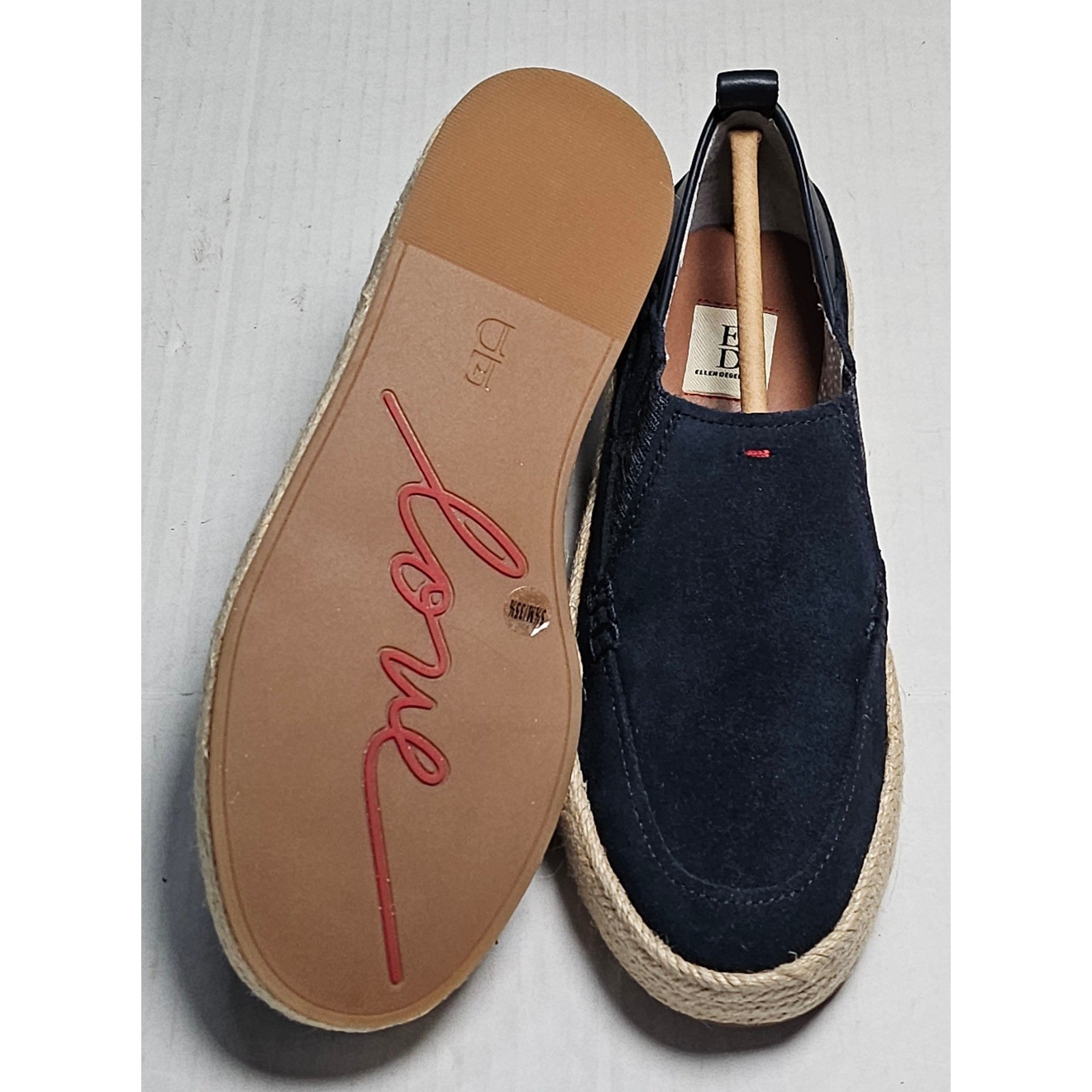 ED Ellen DeGeneres Garance Lagoon Navy Oiled Calf Suede Platform Espadrilles 5.5