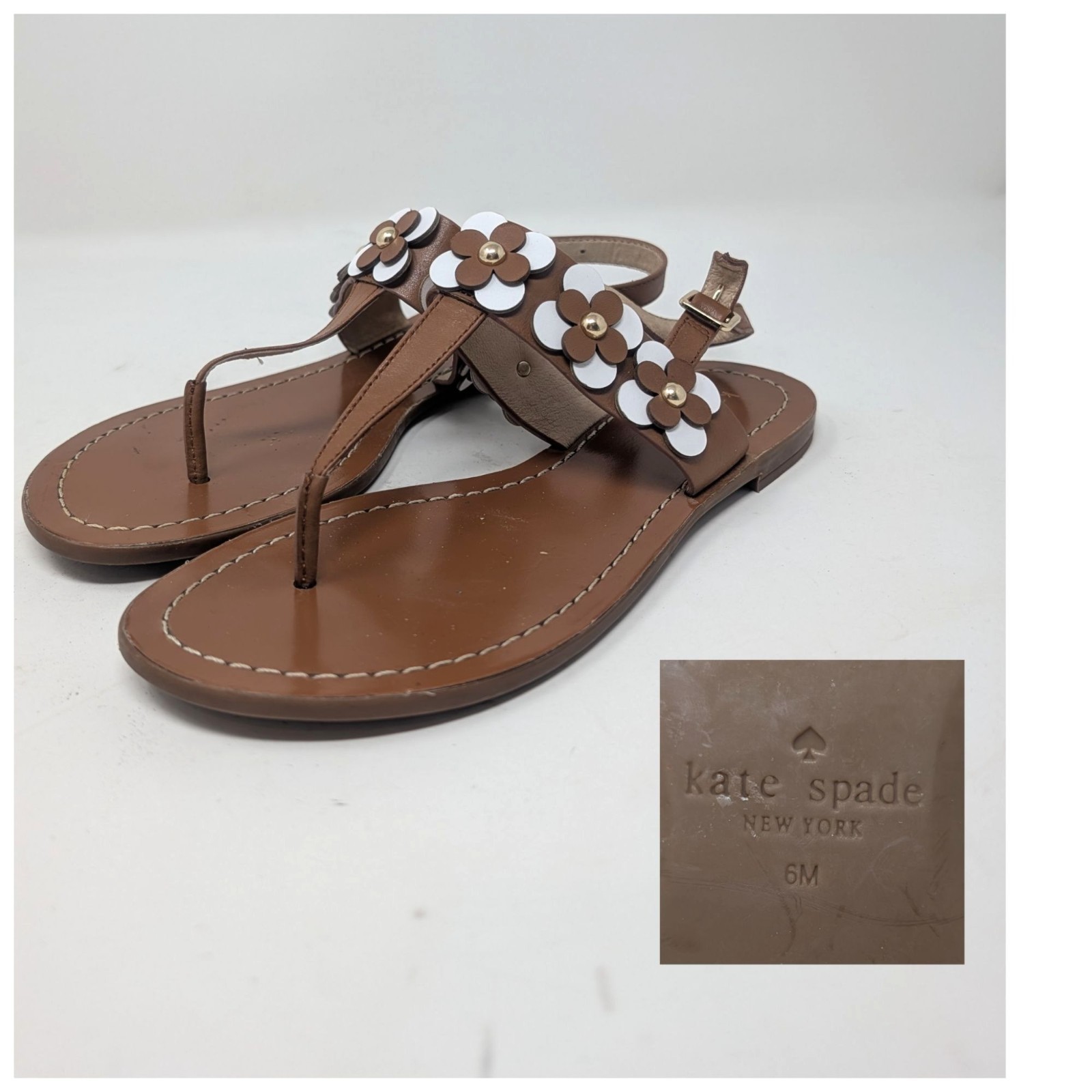Kate Spade Thong Sandals 6 Brown Leather Flat Floral