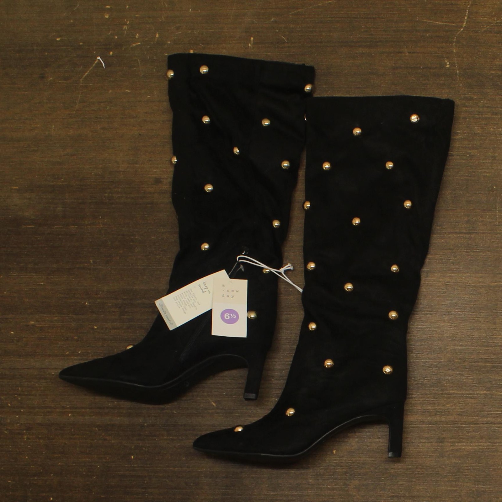 A New Day Studded Faux Suede Mid-Calf Boots with Cone Heel Jet Black / Gold 6.5M