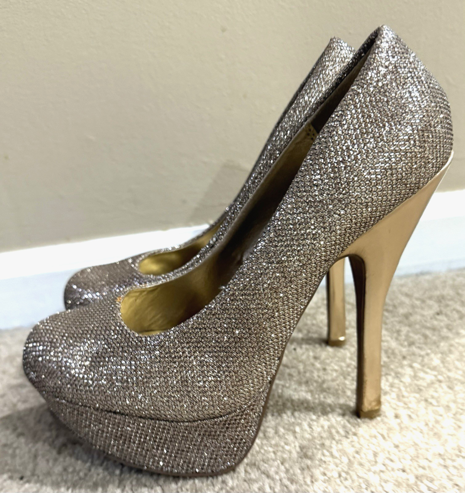 Gold Glitter Platform Stiletto Heels Womens 6 High Heel Pumps Party Disco Shoes