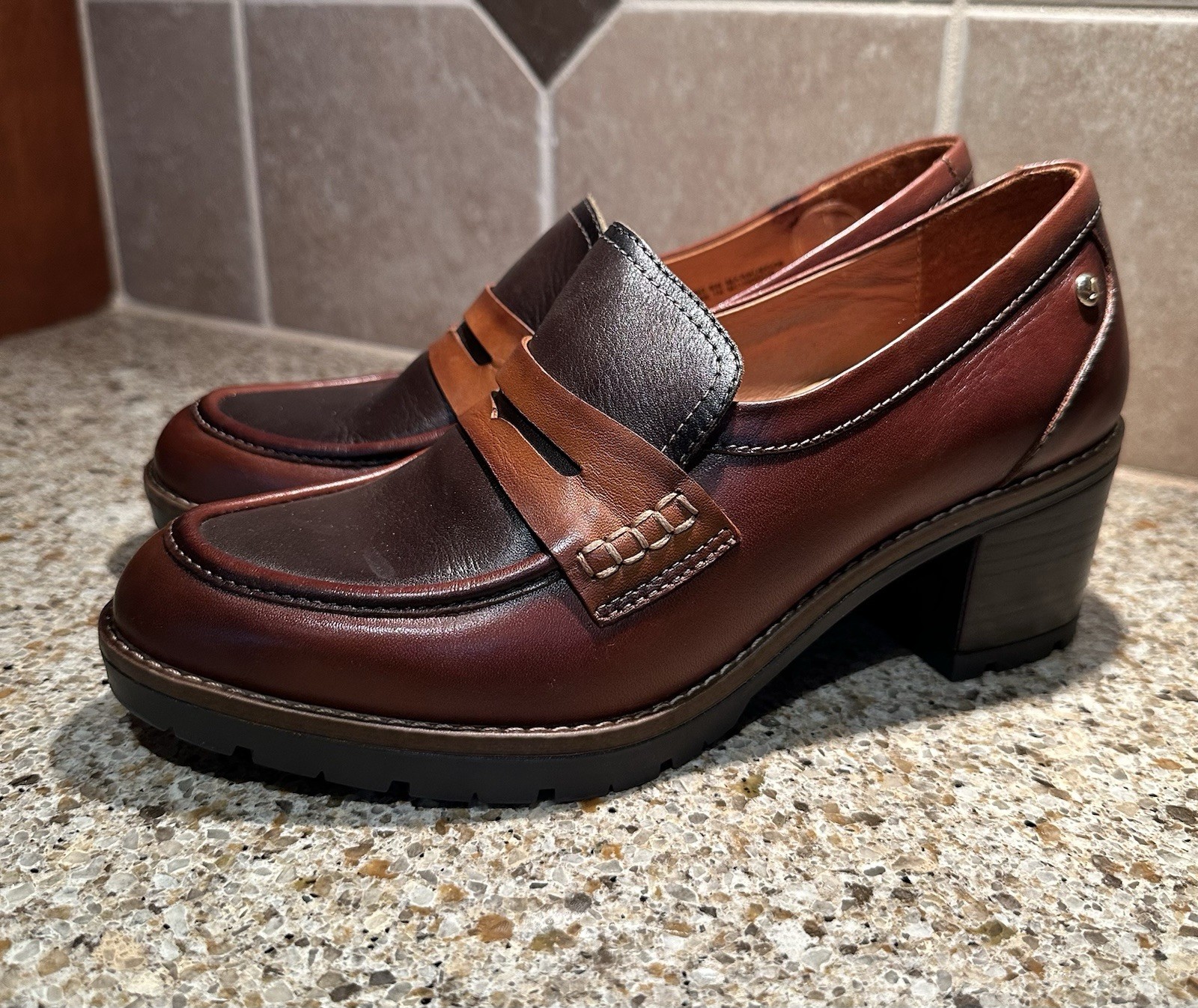 New PIKOLINOS ‘Llanes’ Women’s Mixed Loafers with Heel Cognac – EU37 (US 6-6.5)