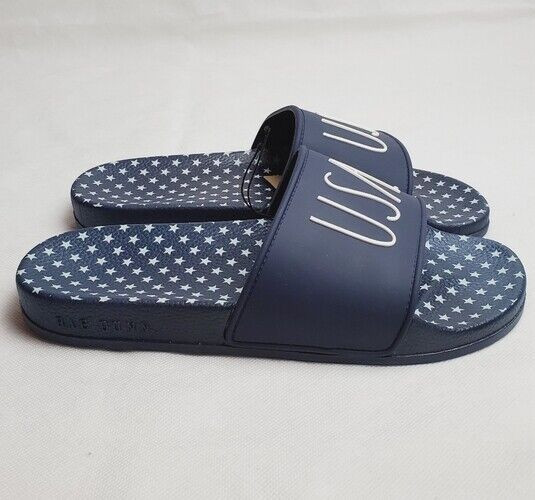 Rae Dunn USA Slides Women Slip-on Flat Sandals Navy Blue Stars Size 6, 8, 9, 10