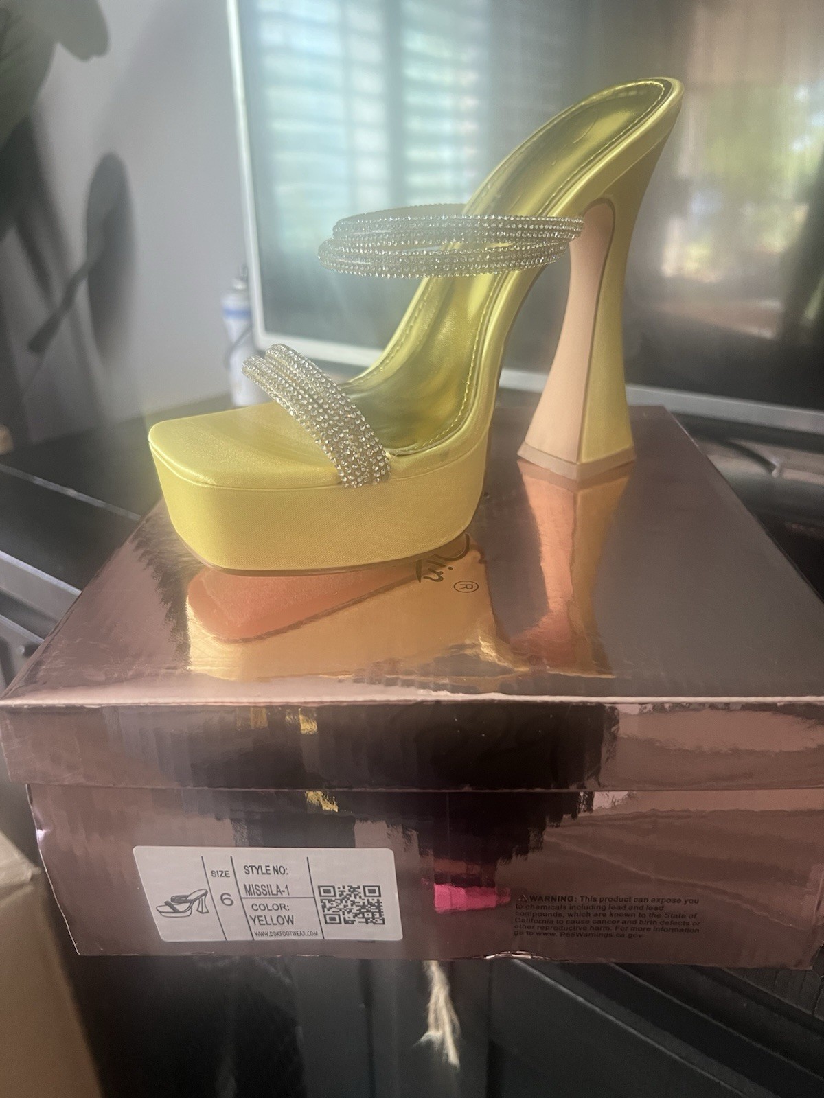 Yoki Women’s 6 Yellow Platform Rhinestone Strap Open Toe Slip-On Block Heels