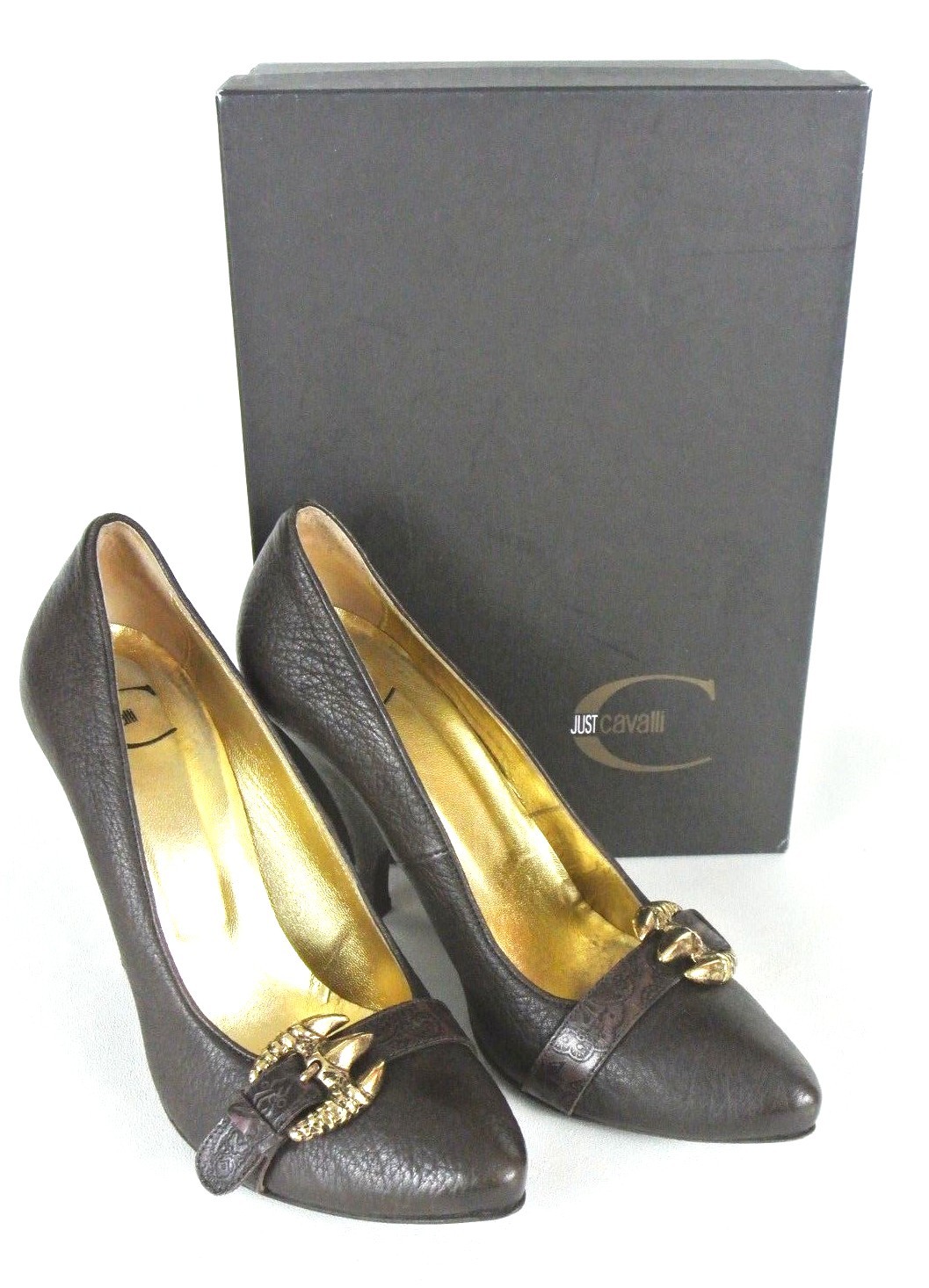 Just Cavalli Brown high Heel pumps 9.5 Gold Buckle Made In Italy Pointy toe*1008