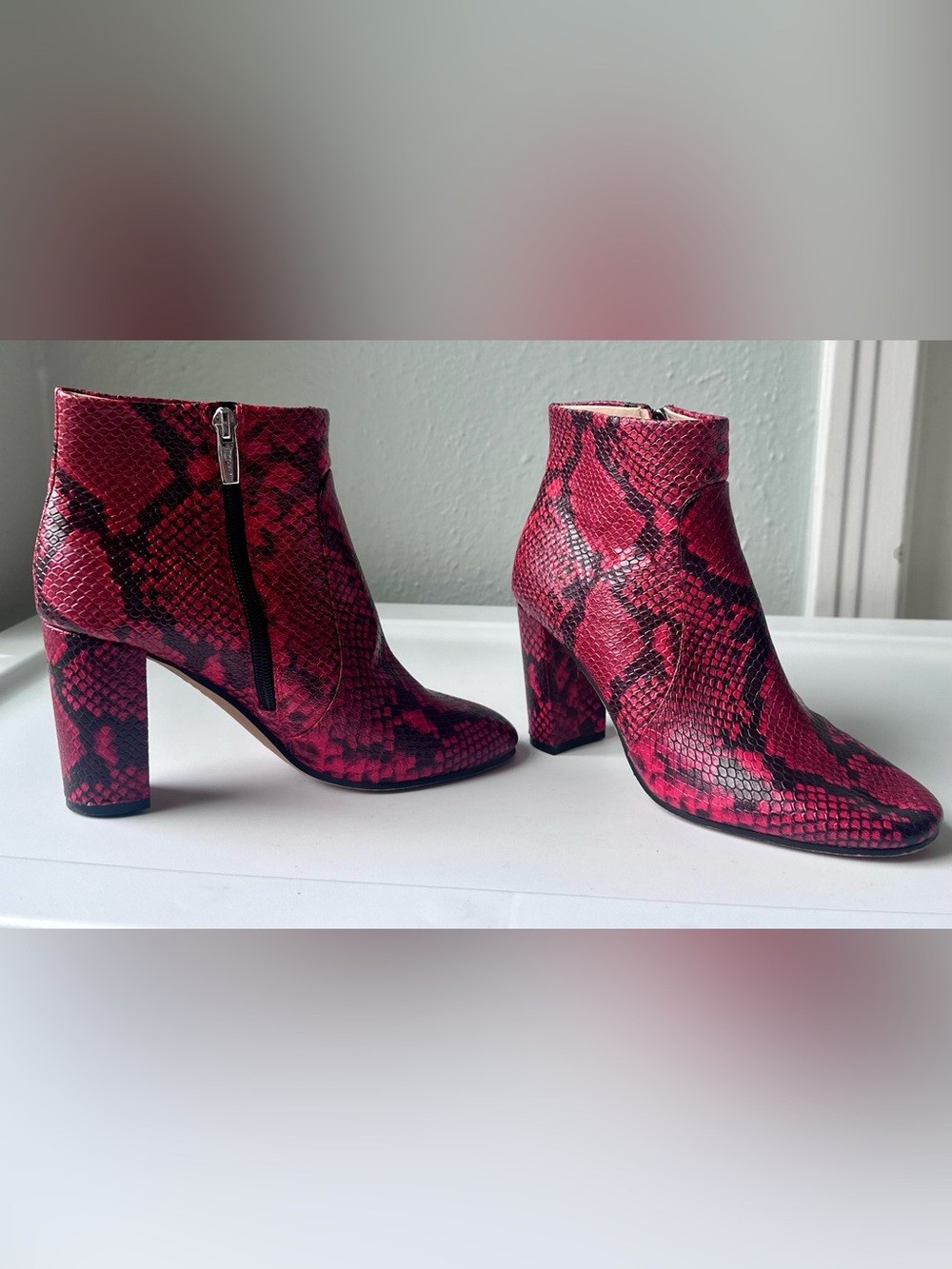 Vince Camuto Red and Black Snake-Print Sanstan Booties