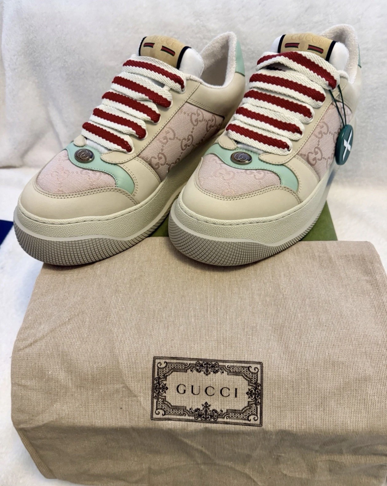 Gucci Screener GG Monogram Canvas Leather Low Top Sneakers Beige Red Green 2023