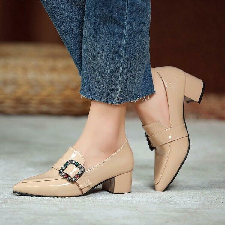 Women’s Block Heels Pointed Toe Rhinestone Pumps OL Work Business Formal Shoes