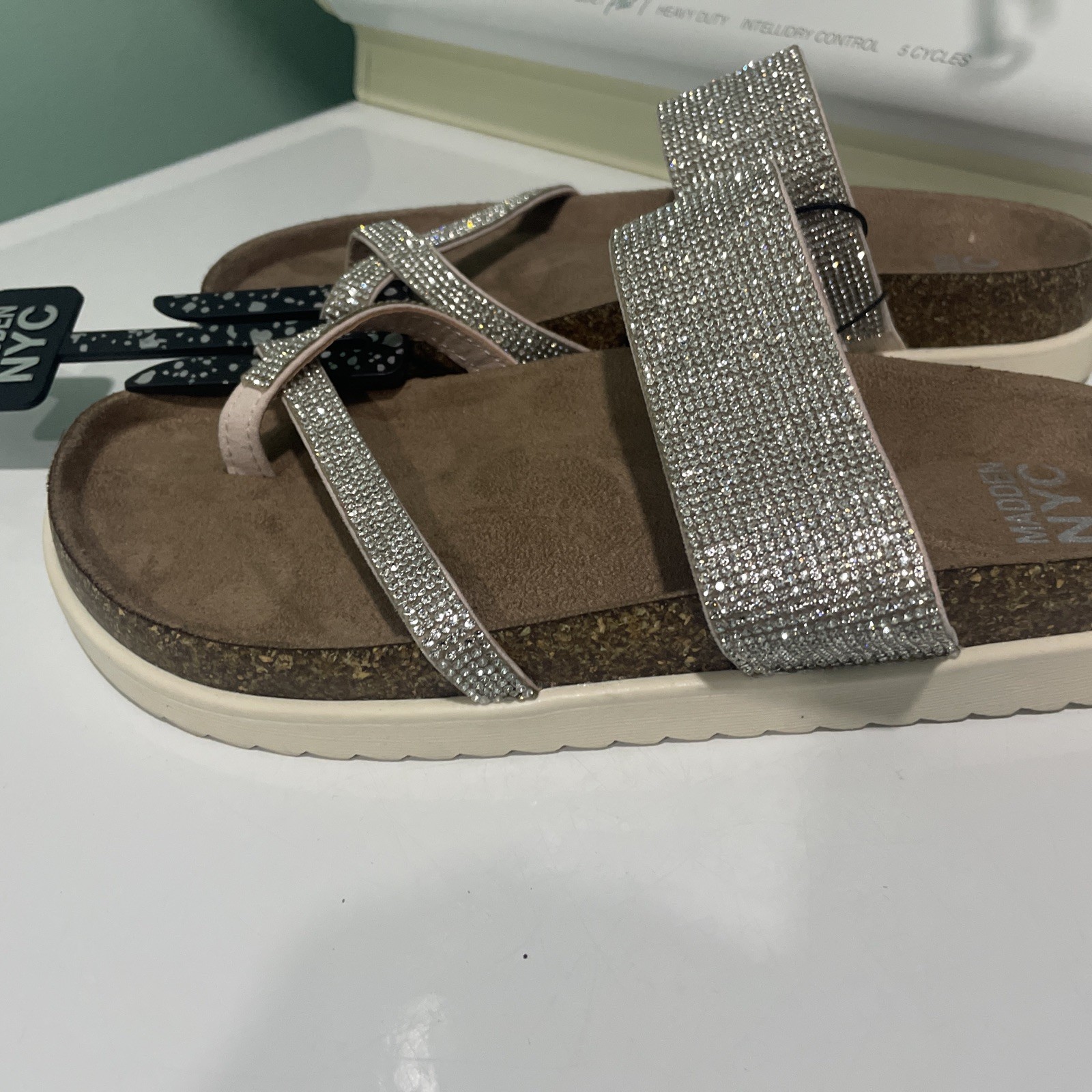 Madden NYC Women’s Embellished Rhinestone Footbed Sandals Silver Sz 8 Wide Width