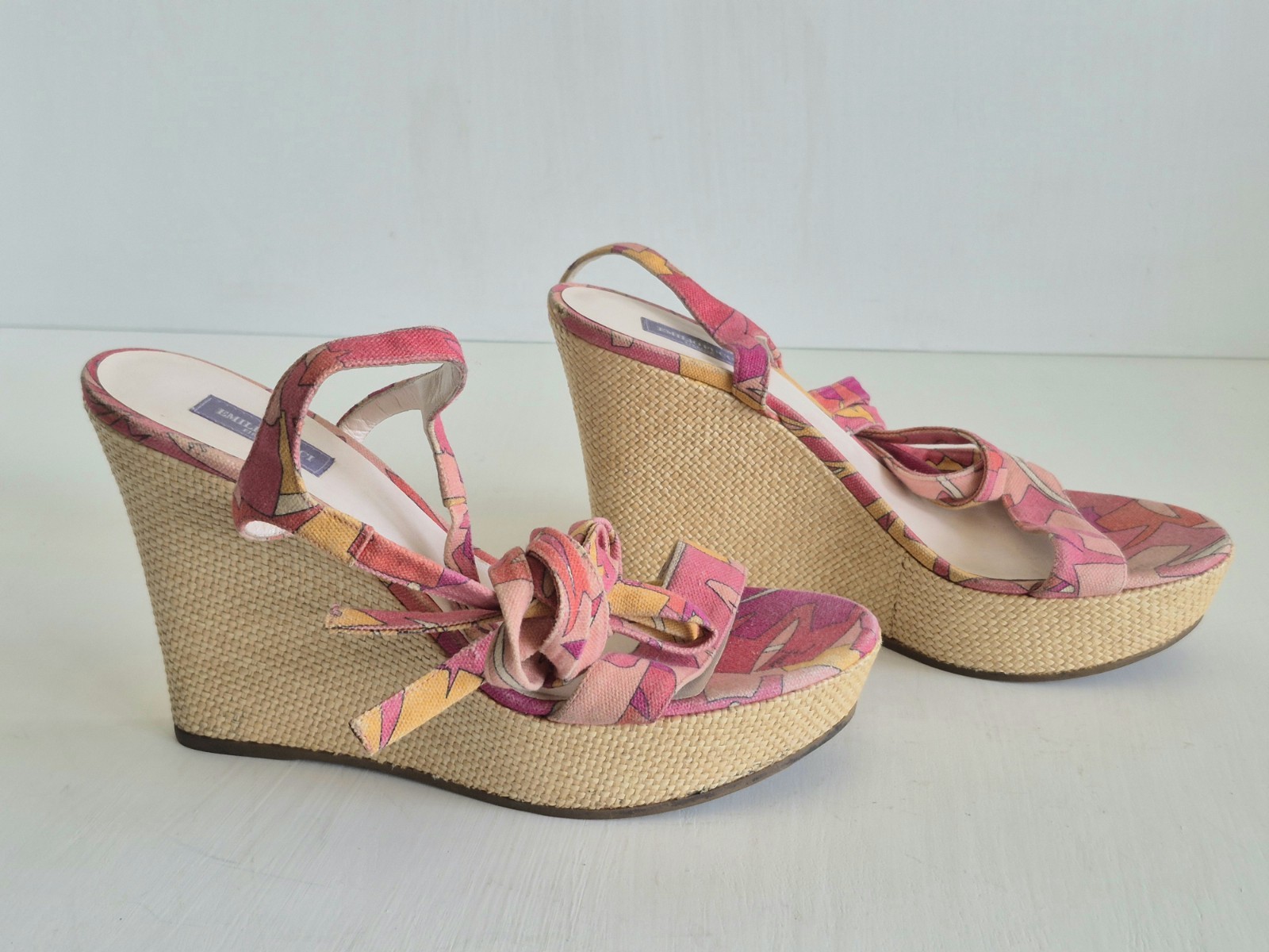 Emilio Pucci Italy Espadrille Multicolor Print Ankle Tie Wedges SZ 9 U S/EU 40