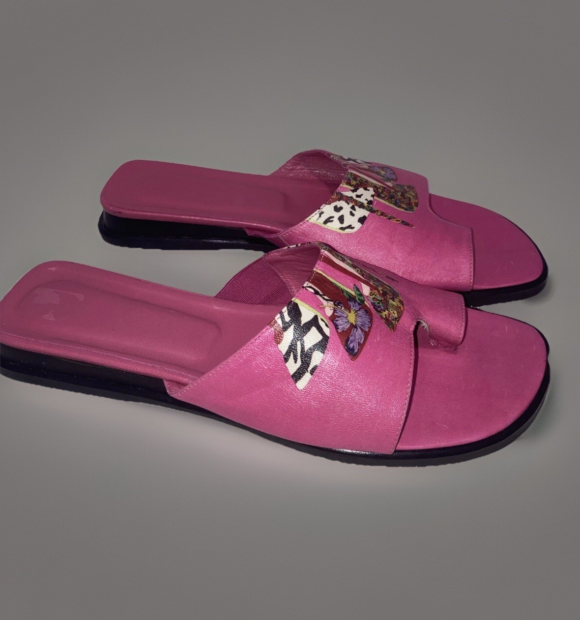 Icon Wearable Art Pink Leather Toe Ring Slide Sandals Hippie Boho Festival 7.5 M