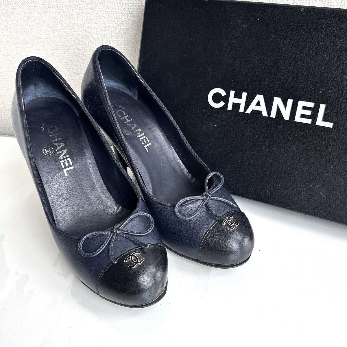 CHANEL Shoes Pumps Heel Cocomark EU 37.5 US 7.5 Leather Navy Blue Black Auth