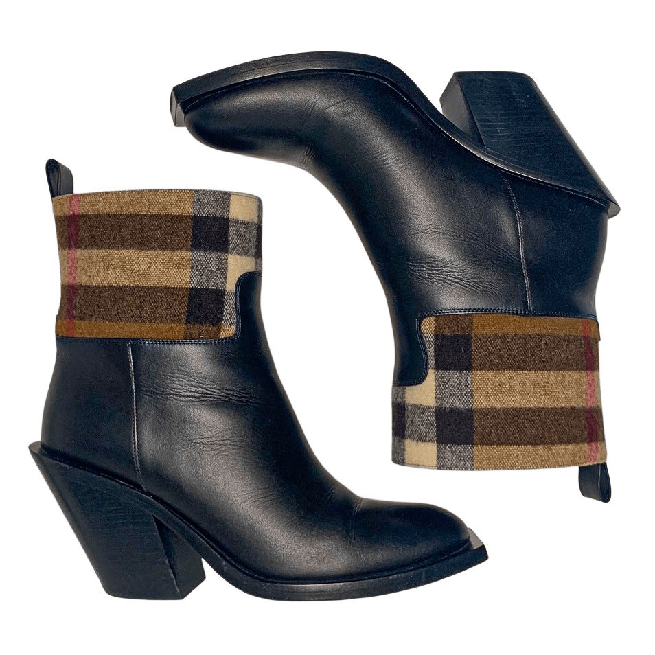 Burberry Danielle Low Calf Nova Check Heeled Boot EU 38 Leather and Wool Pull On