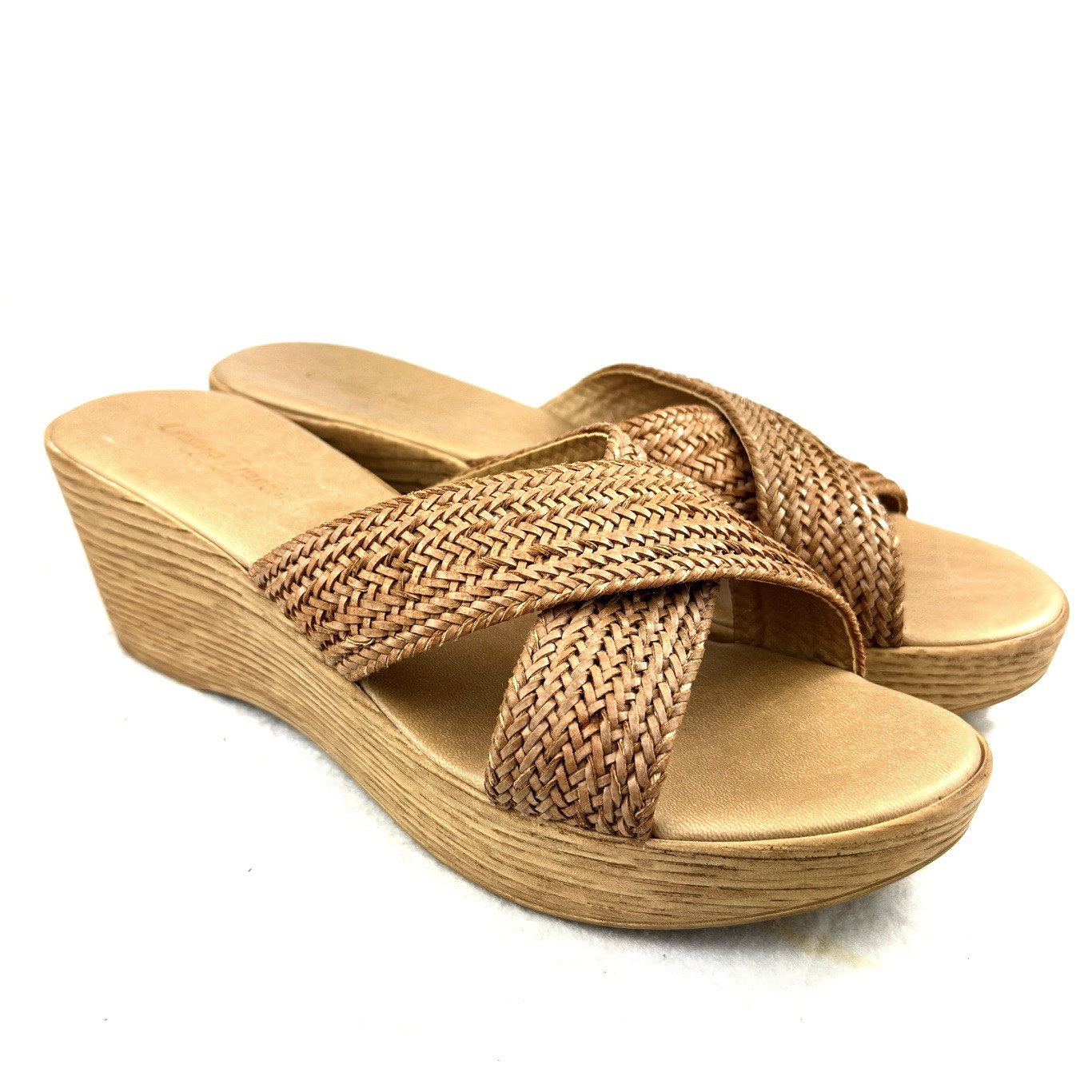Christina Francini Sandals Sz 9 Tan Wedge Slides Comfort Shoes Made in Italy