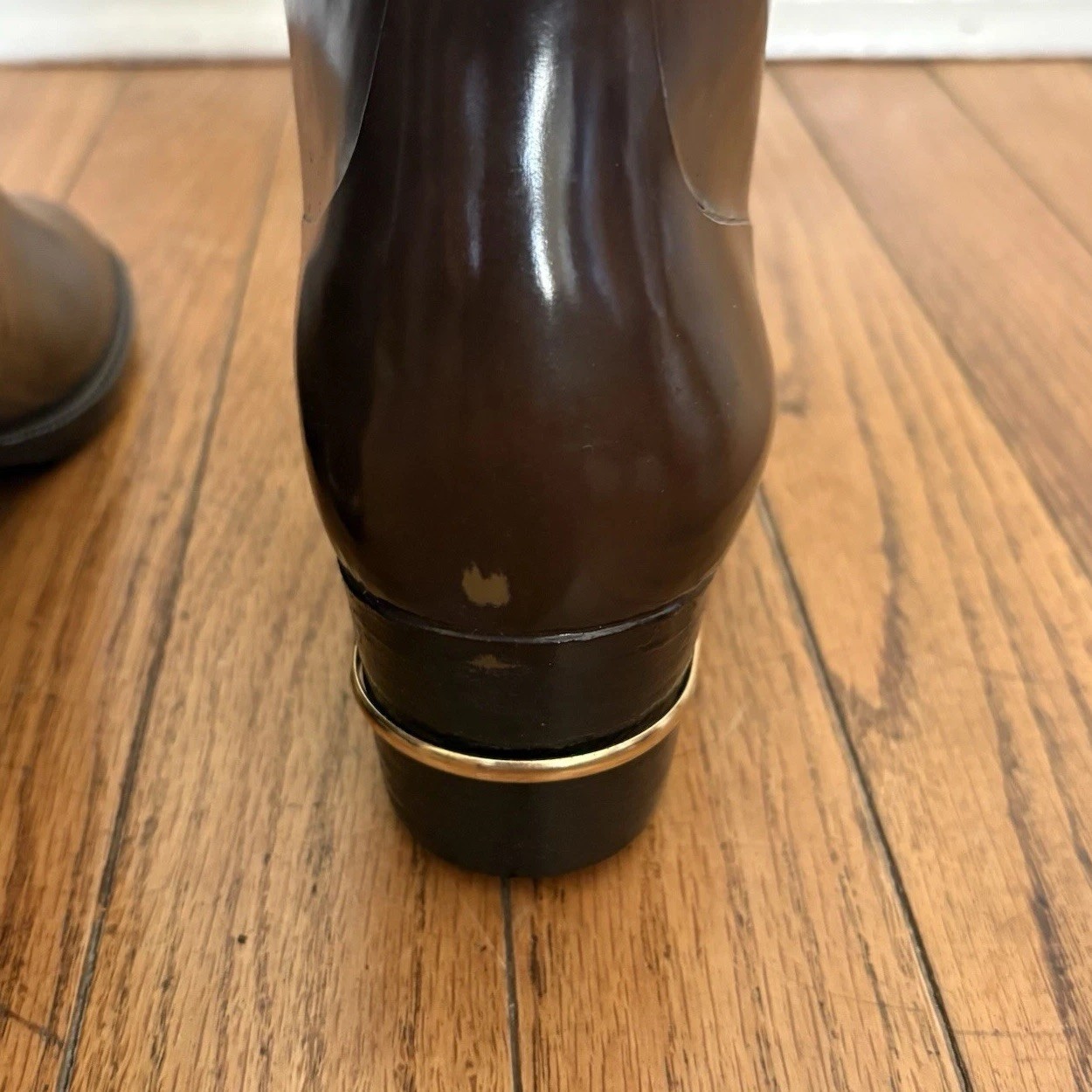 Vintage Golo Brown Rubber Rain Boots Size 5 Waterproof Equestrian Gold Heel Band