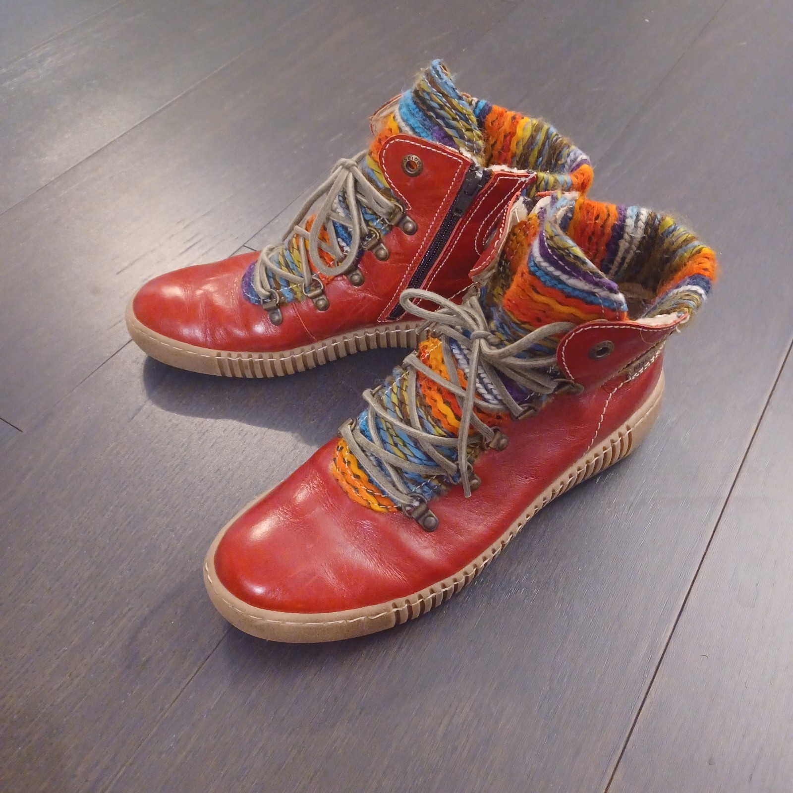 Josef Seibel Maren Leather Ankle Boots Red Multicolor Knit Cuffs Women’s 9.5-10