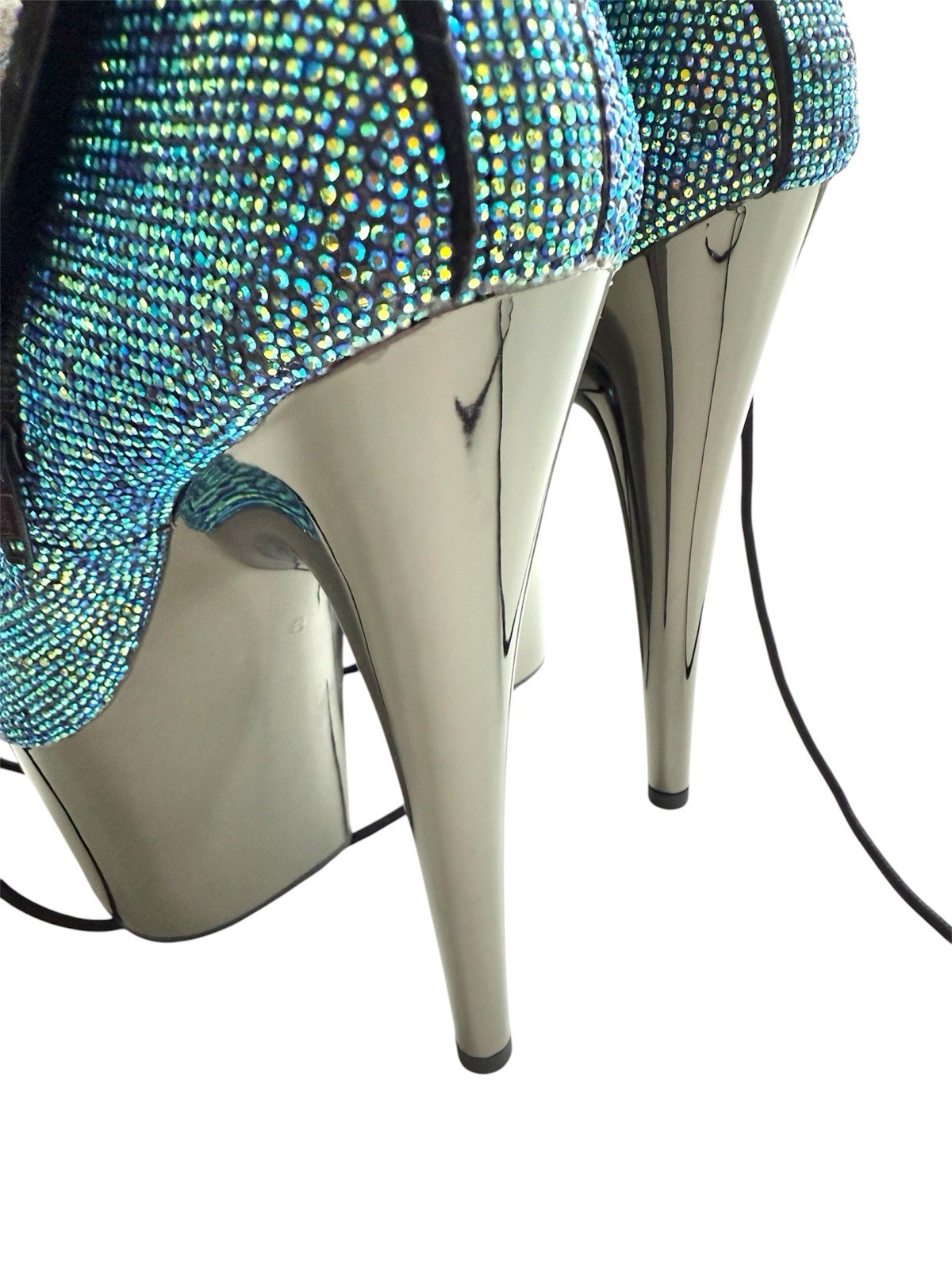 PLEASER Sexy 7″ Heel Chrome Platform Turquoise Rhinestones Covered Ankle Boots