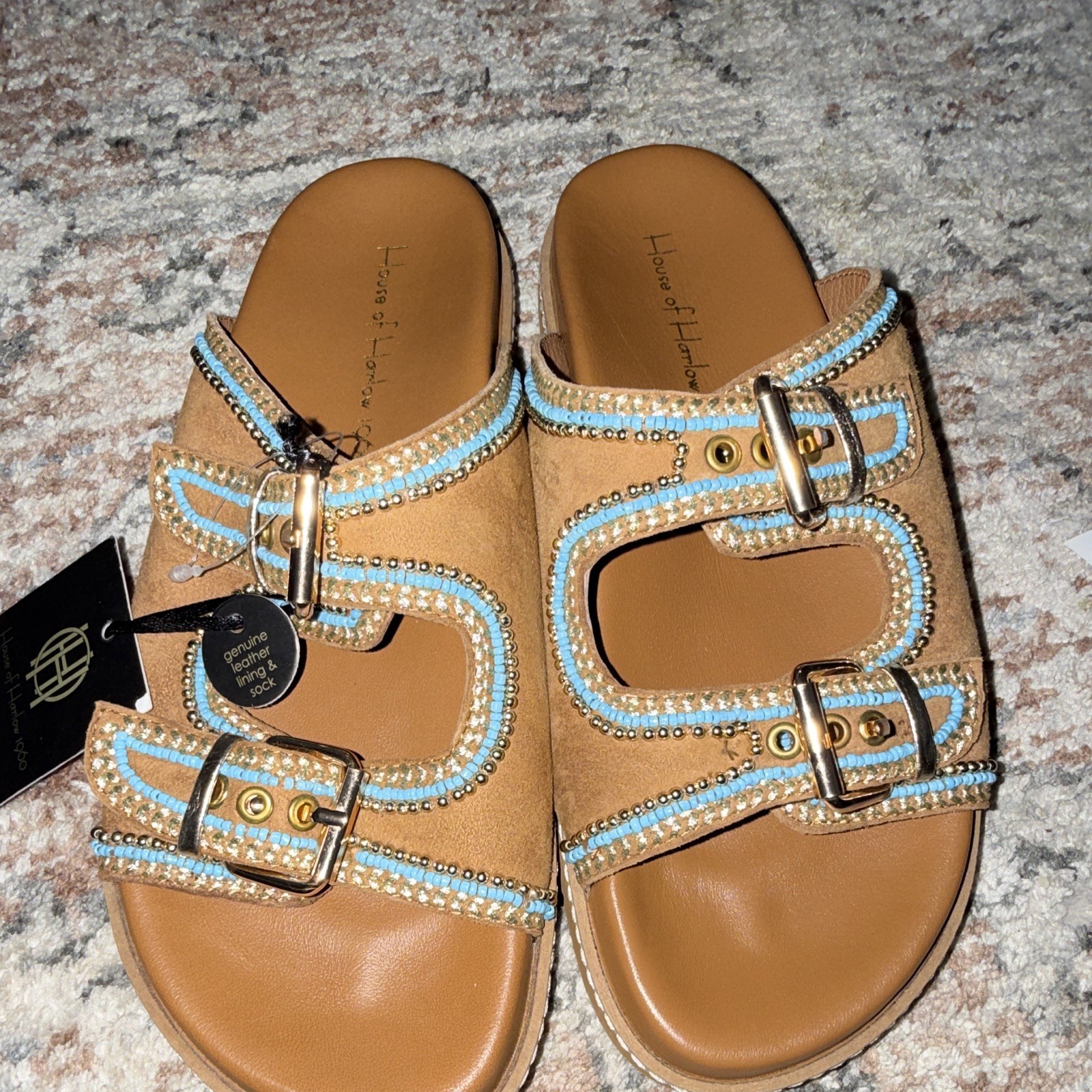 House of Harlow Women’s Tan Blue Leather Beaded Buckle Slide Sandals US 7.5