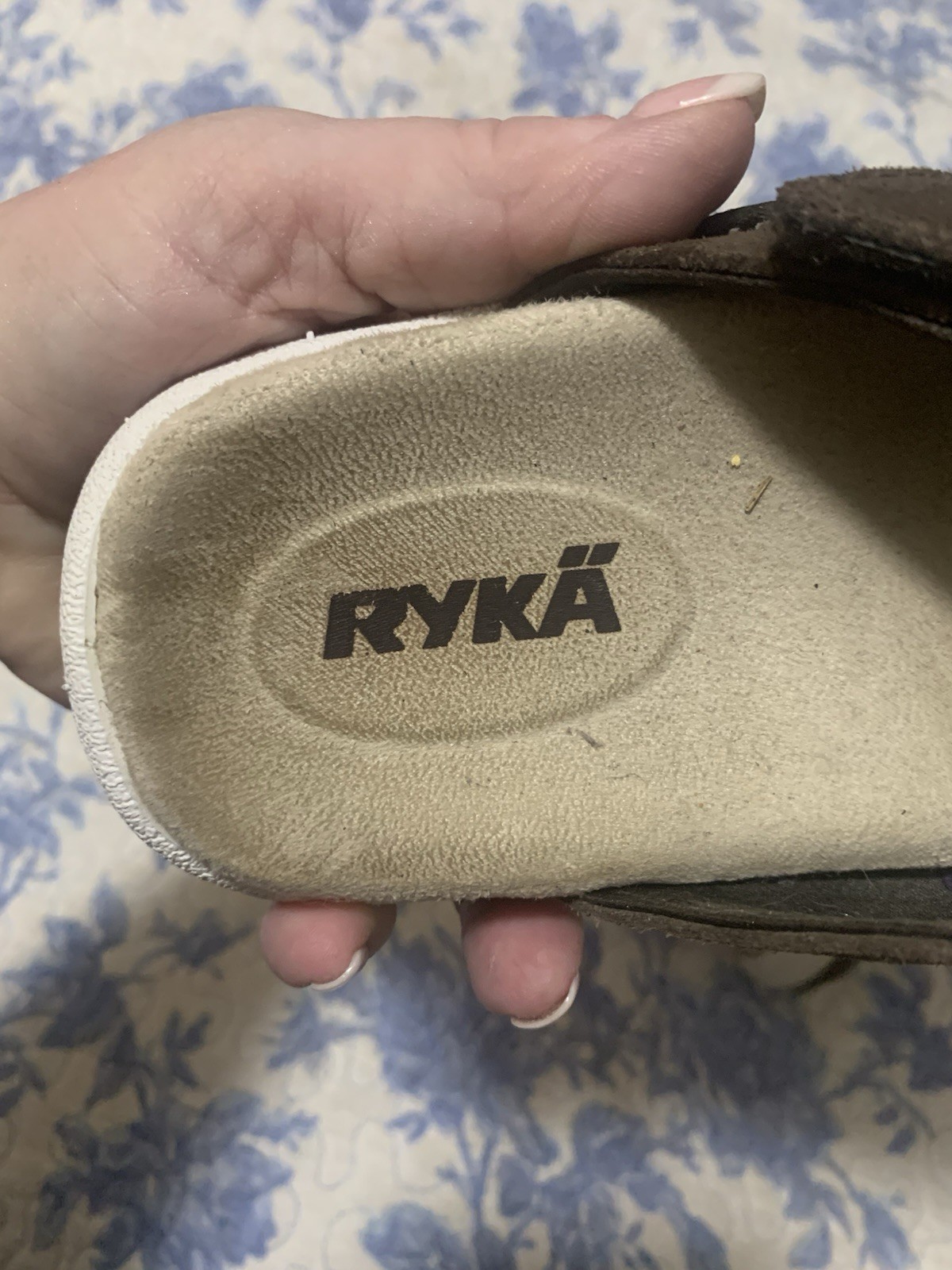 Ryka Women’s Leather Slide Sandals Brown/Beige Double Strap Hook & Loop US 7