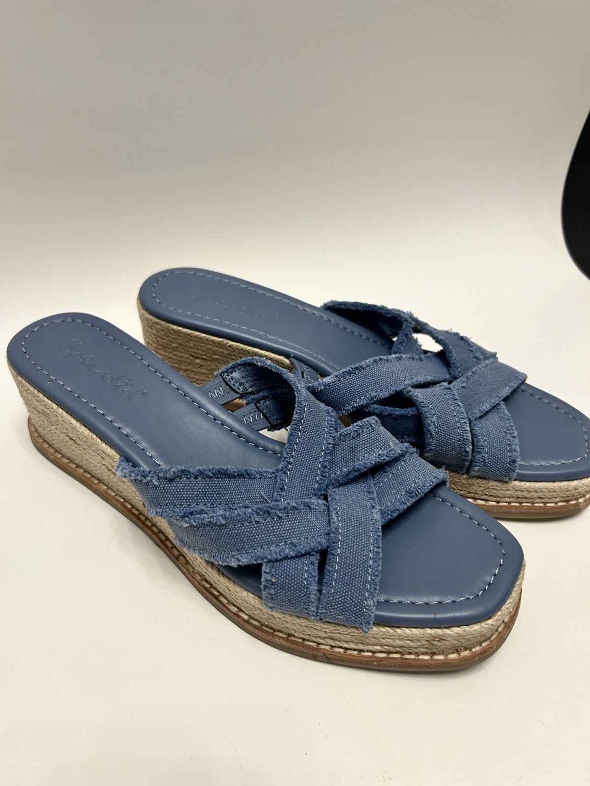 Splendid blue denim frayed cross-strap wedge sandals, Size 10