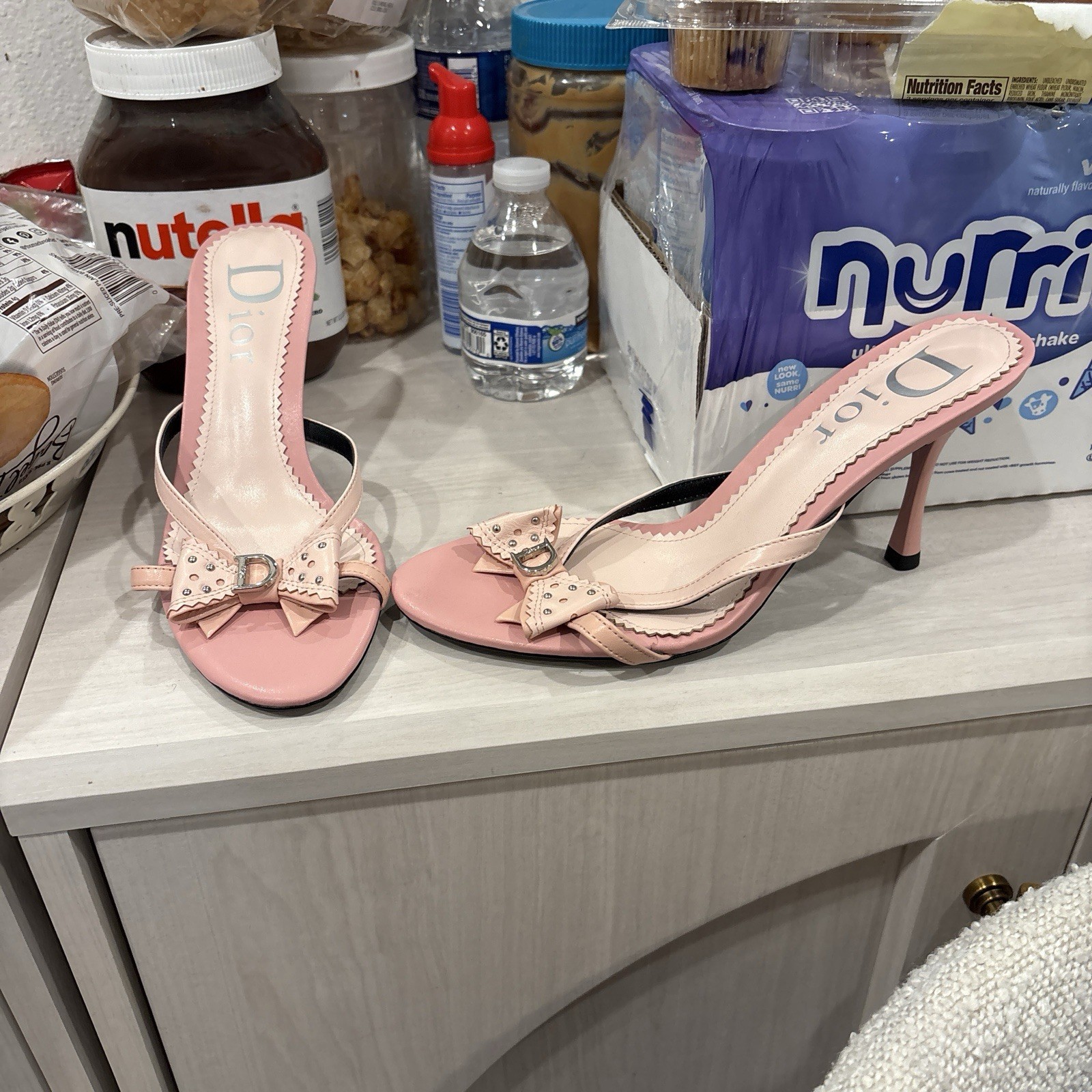 Dior Pink kitten Bow Logo Accent Open Toe Mule Stiletto Heels Slip On Women’s