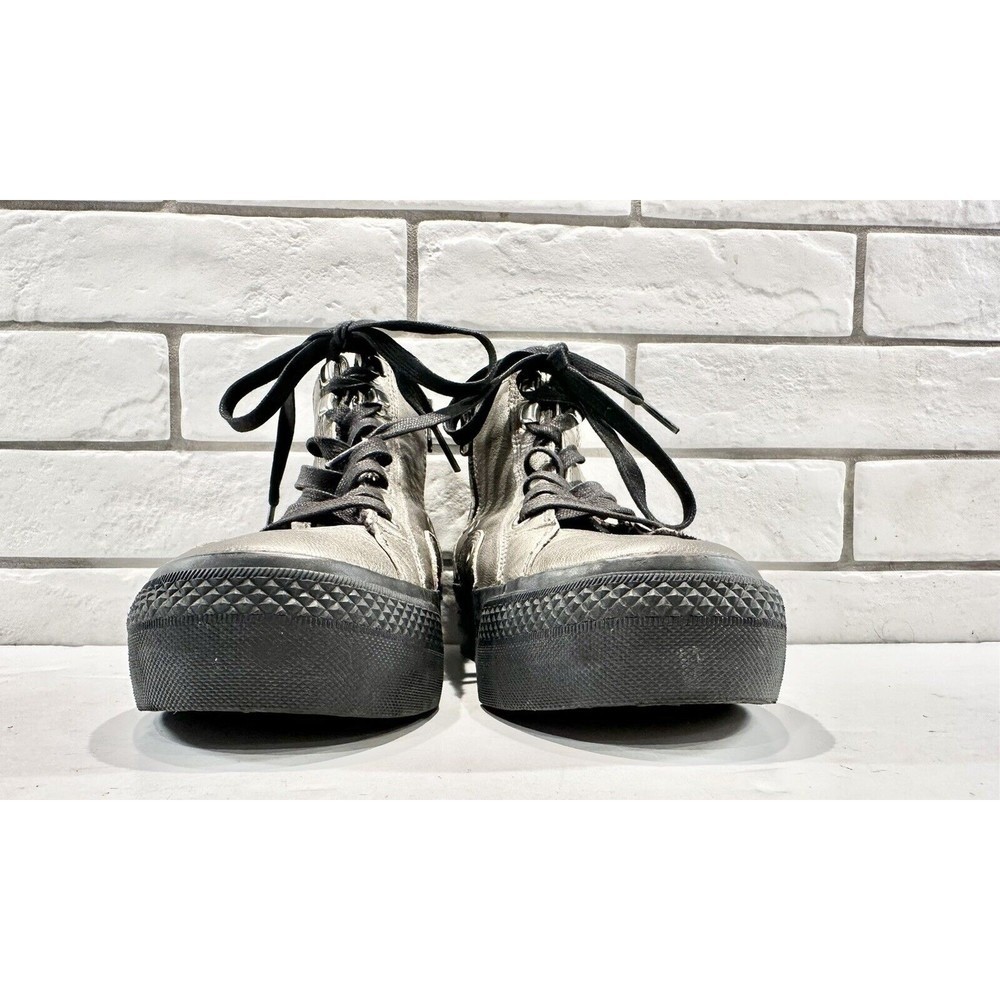 Crime London Silver Leather Distressed Studded Zipper High Top Sneakers 36/6
