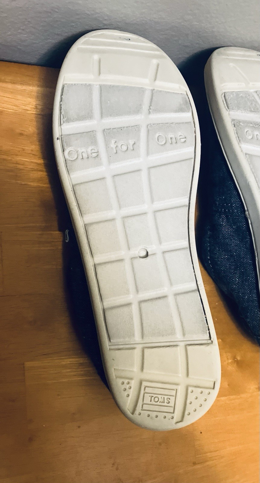 TOMS Alpargata Chambray Slip-on Shoe, Blue Gray/Beige Sole – Size Y5 (VGUC)