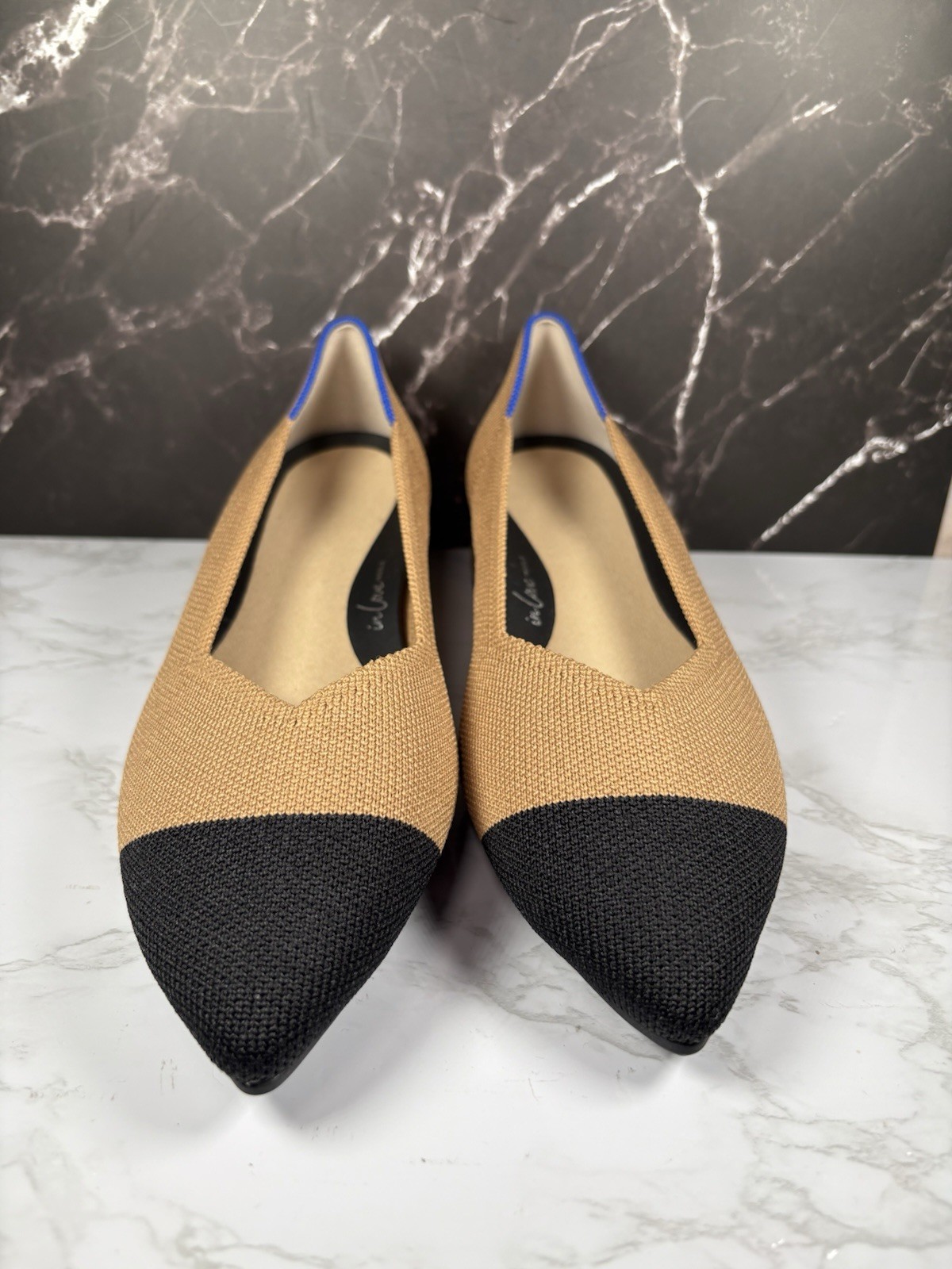 Rothy’s Knit The Point Cap Toe Pointed Slip-On Ballet Flats Beige/Black/Blue 6.5