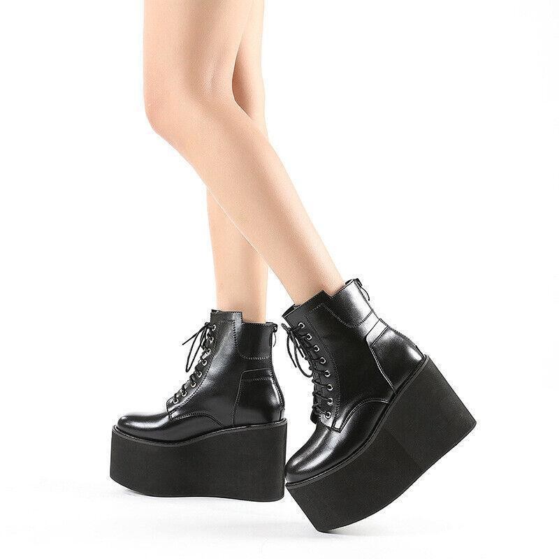 Womens Casual Punk Ankle Boots High Wedge Heel Platform Leather Shoes Thick Sole