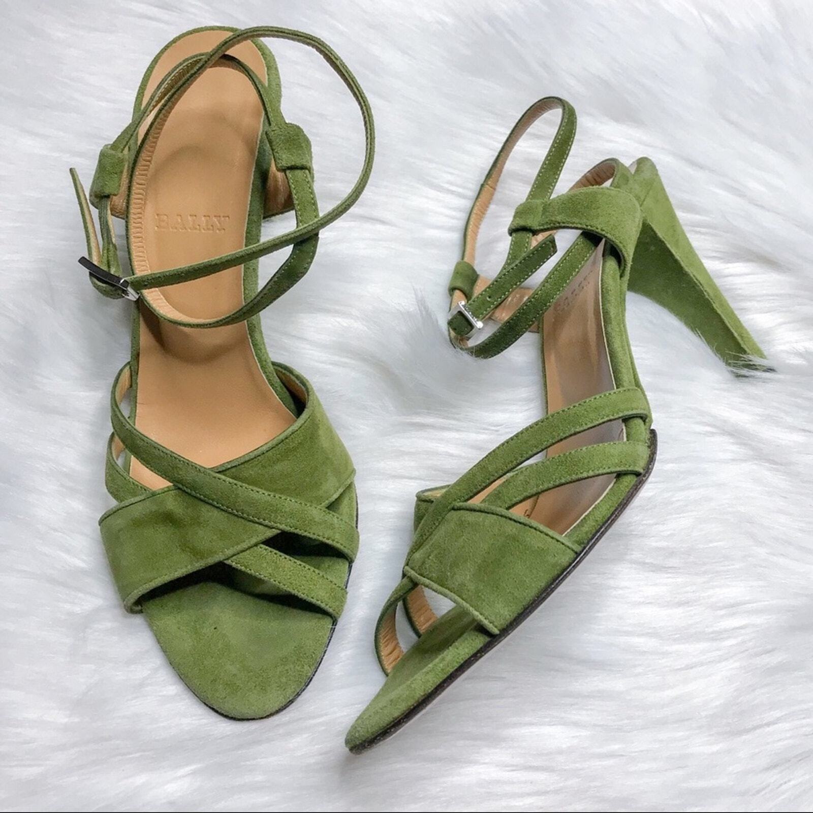 Bally Shena Suede Criss Cross Open Toe Ankle Strap Sandal Pear Green Sz 6