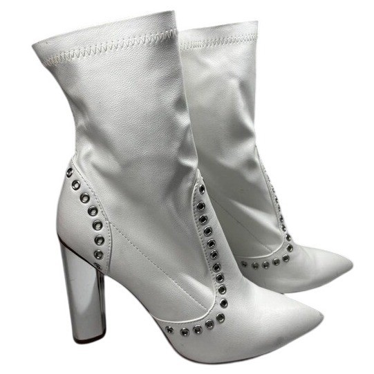 WILD DIVA Pointed Toe Studded Sock Boots Block 4″ Heel White Womens 8.5 Festival