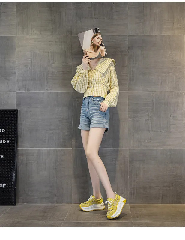 7cm Air Mesh Microfiber Leather Chunky Sneaker Shoes Women Platform Wedge Comfy