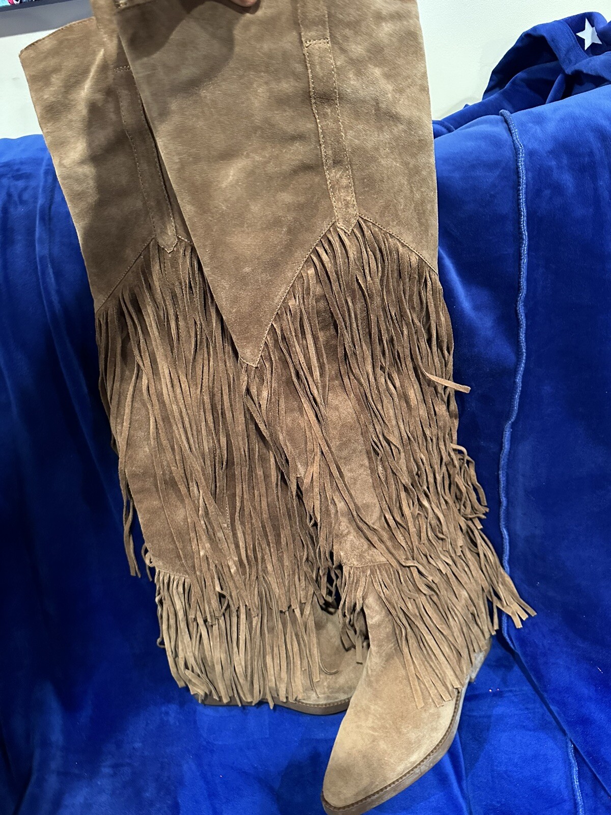 Ash Gipsy thigh high brown suede tiered fringe pull on boots Sz 8 (39M) HTF box