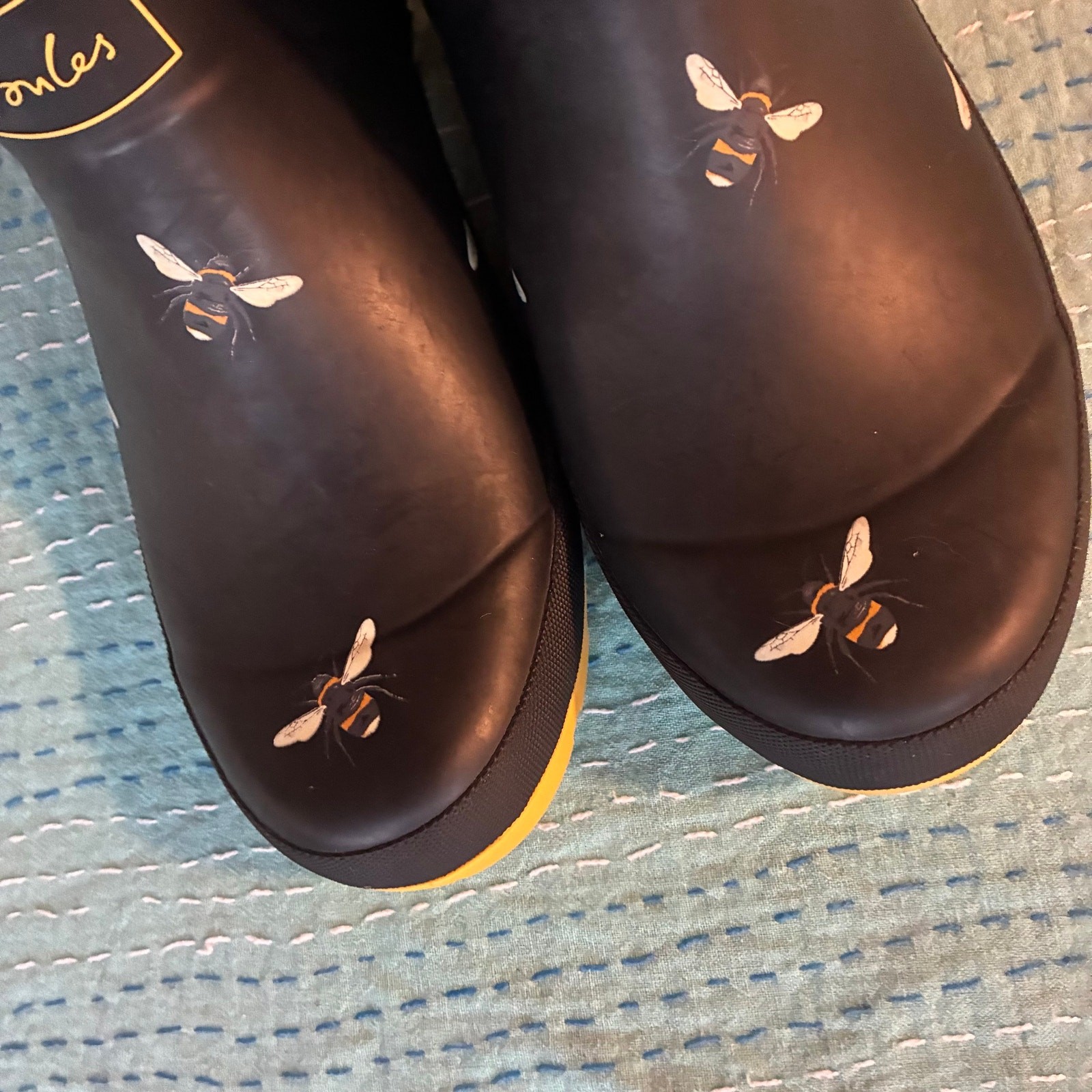 Joules Wellibob Bee Print Rain Boots Womens US 9 Black Yellow Ankle Wellies