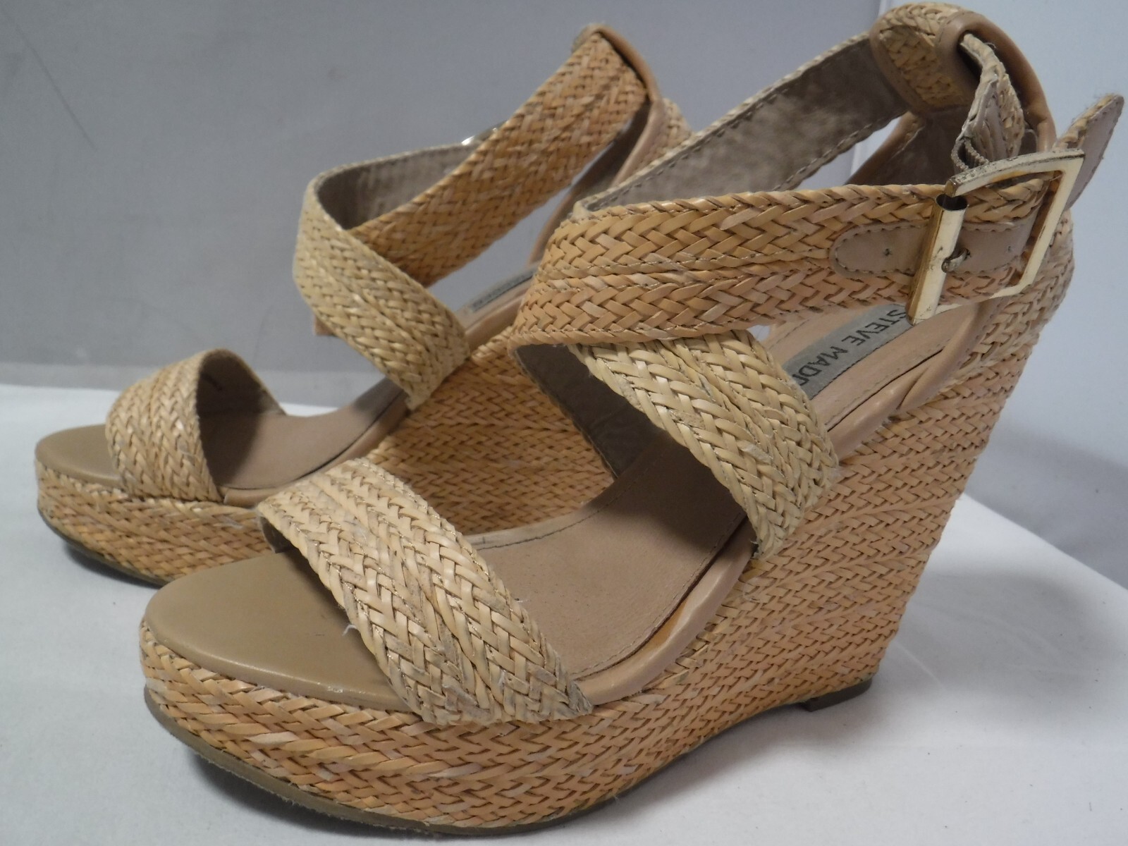 PF2 VTG Women’s STEVE MADDEN Natural Straw Chunky Platform Strappy Heel Sandals