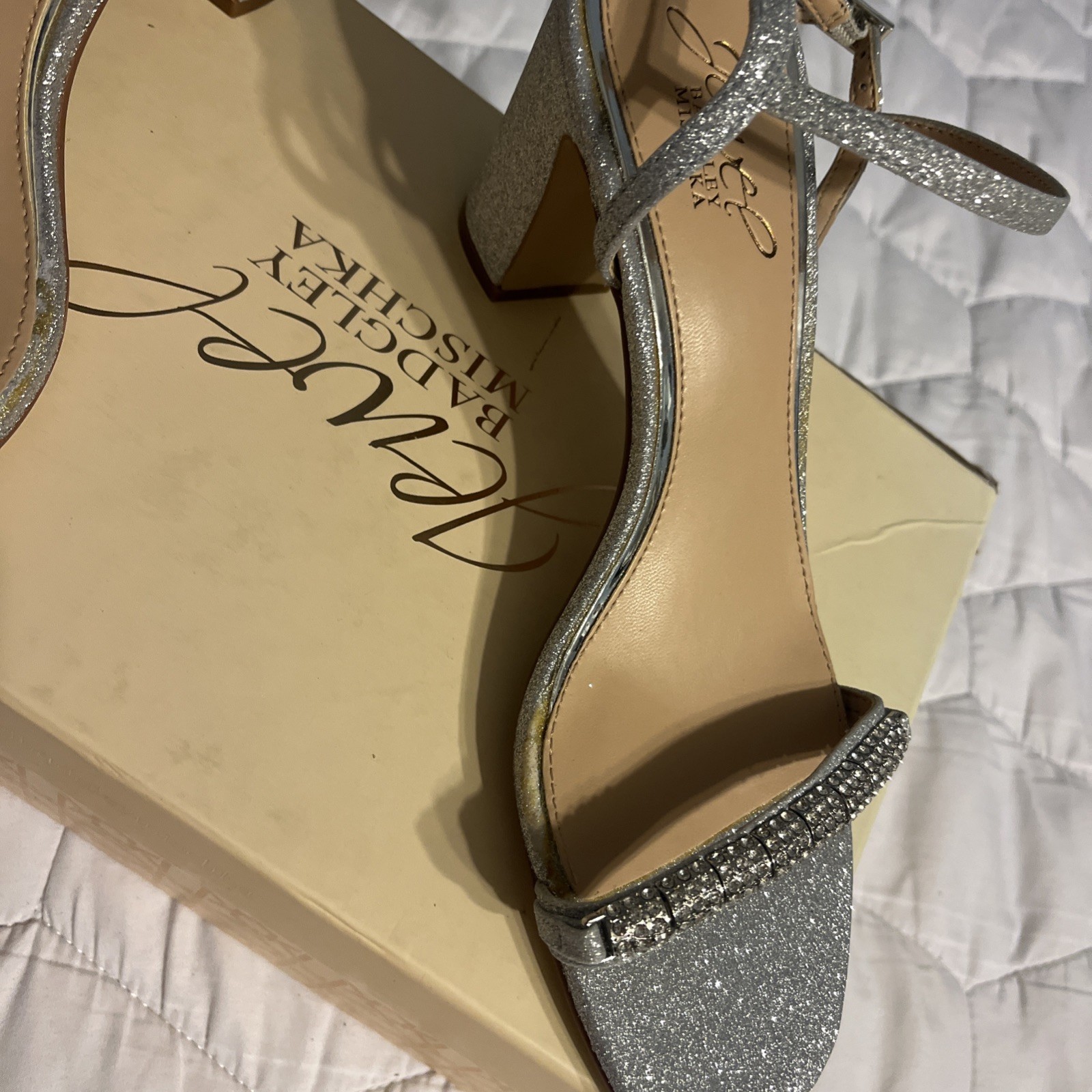 JEWEL BADGLEY MISCHKA Women’s Charlee Embellished Glitter Block Heel Sandals