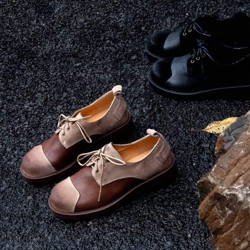 Women’s Leisure Retro Round Toe Pump Lace Up Block Heel Youth Walking Work Shoes