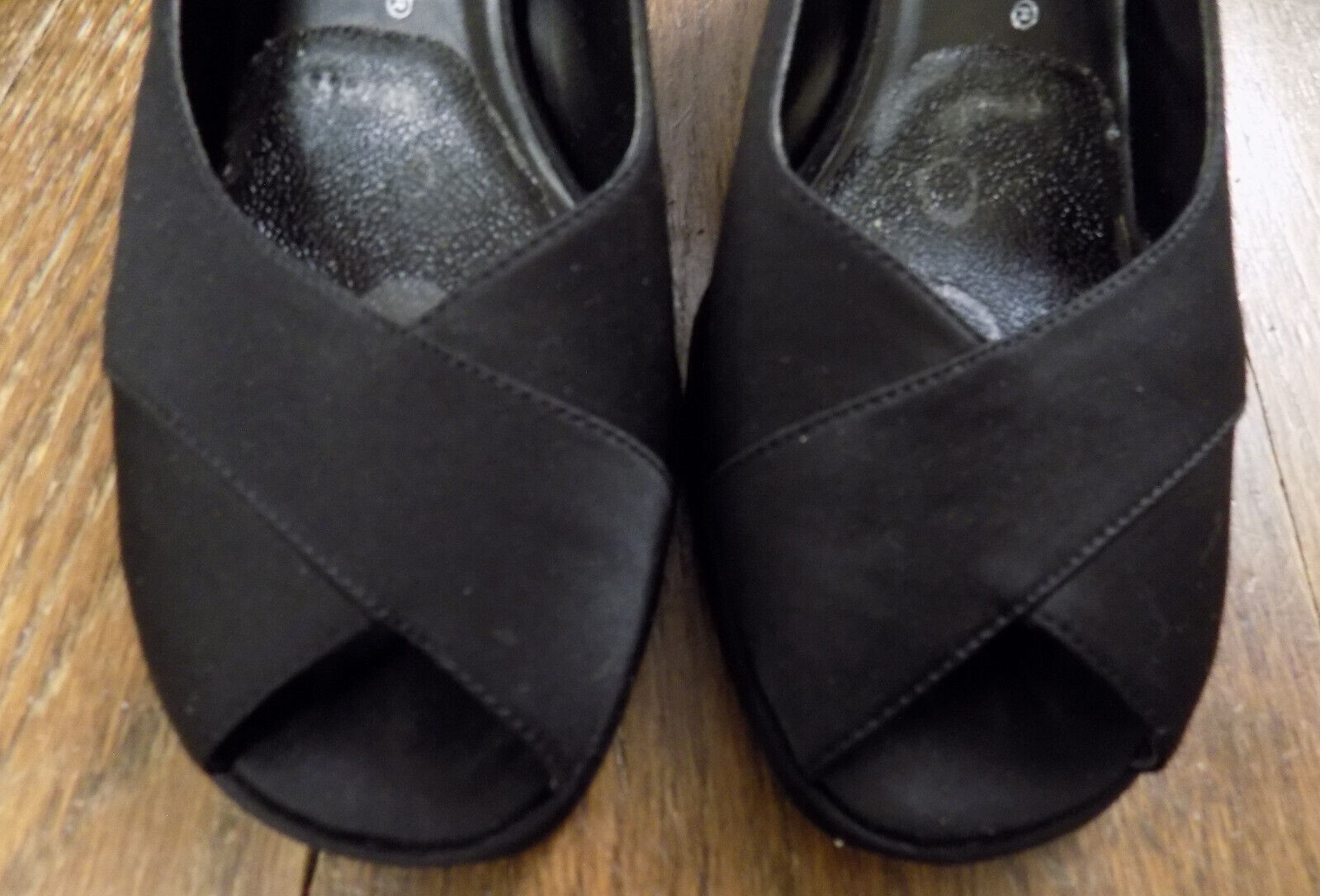 Sam & Libby Darla Black Satin Classy Slingback 3.25″ Heels Open Peep Toe 7.5 EUC