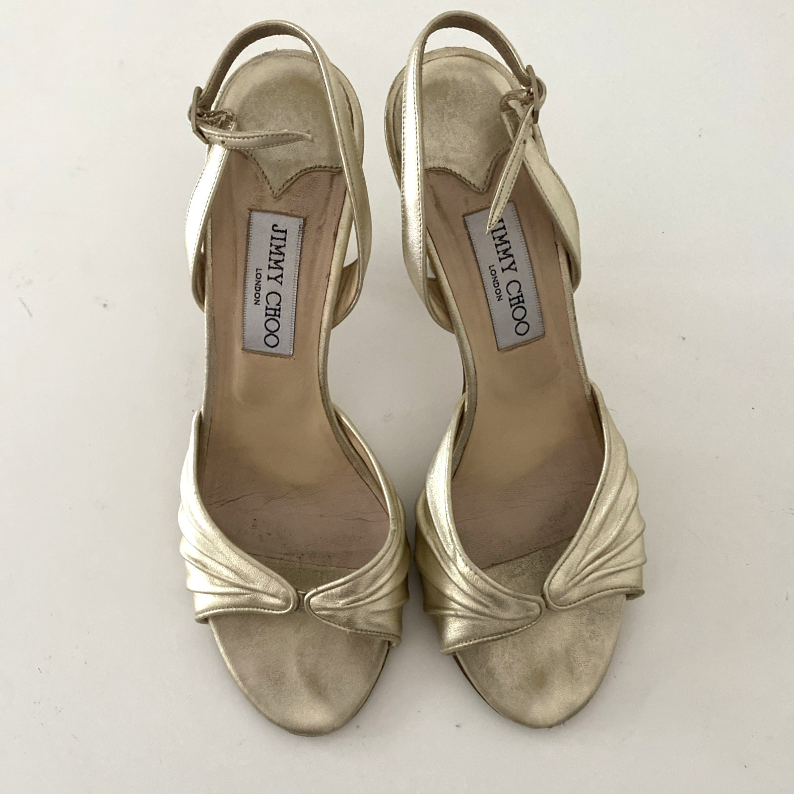 Jimmy Choo Gold King Slingback Sandal Open Toe Leather Slim Heel 39