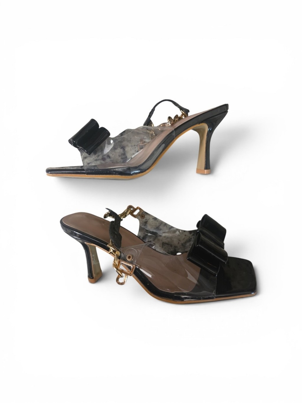 Women’s Lucite Black Bow Heeled Sandals with Gold Chain Detail size 36