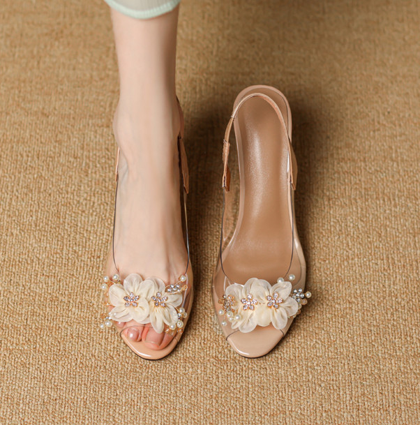 Crystal Wedge Heel Pearl Rhinestone Flower Sandal Women Peep Toe Slingback Pumps