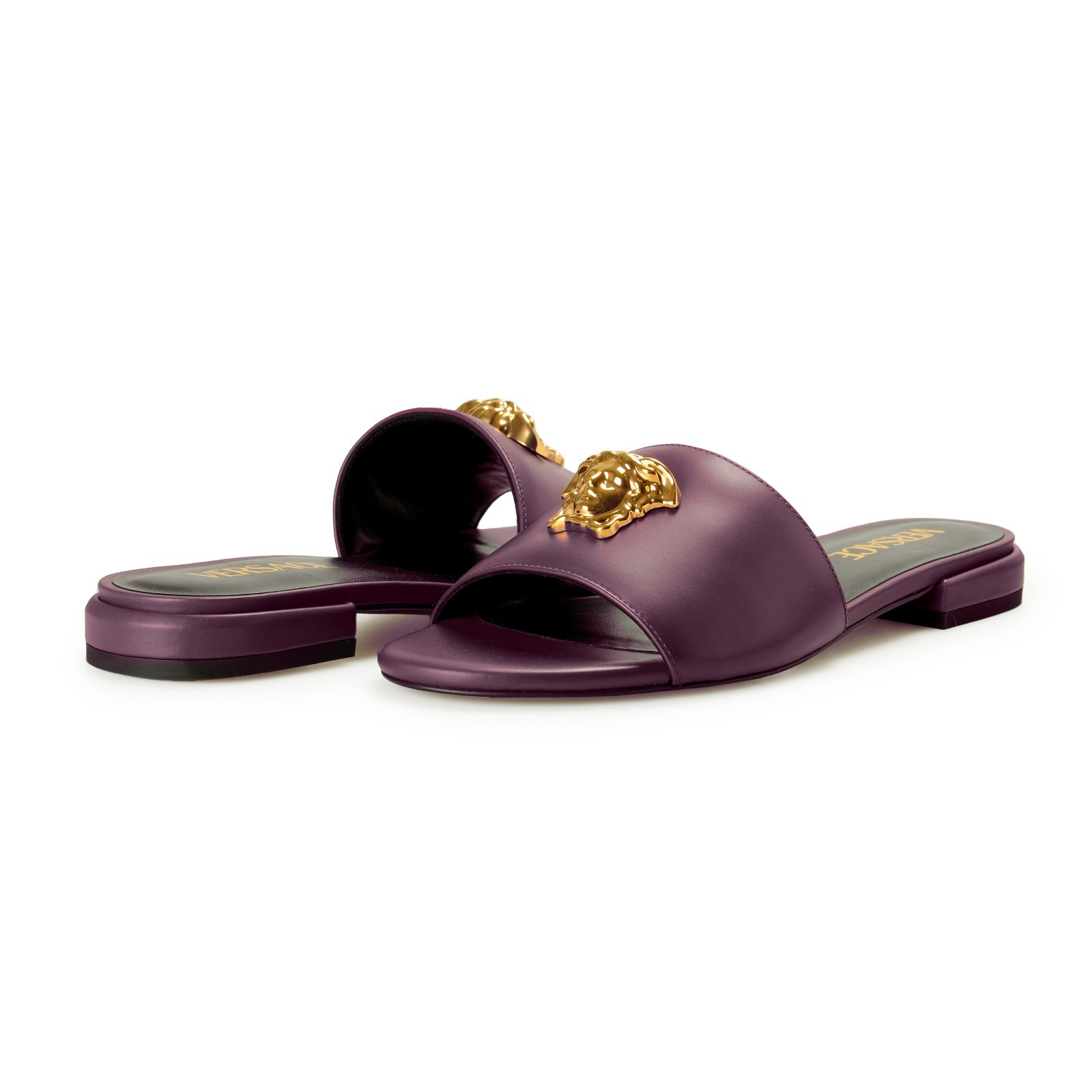 Versace Women’s Plum Purple Gold Medusa Heeled Sandals Mules Shoes US 10 IT 40