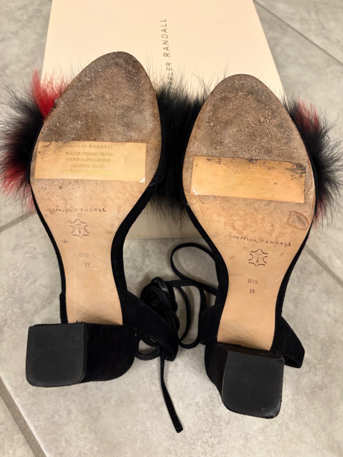 LOEFFLER RANDAL Nicolette Black Suede Fox Fur Multicolor Block Heel Sz 8.5 $495